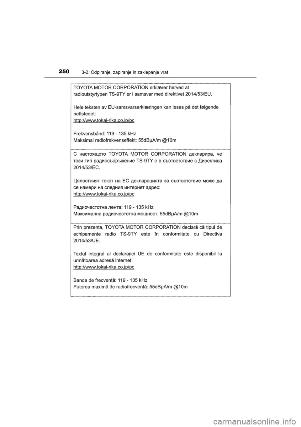 TOYOTA HILUX 2021  Navodila Za Uporabo (in Slovenian) 2503-2. Odpiranje, zapiranje in zaklepanje vrat
HILUX_OM_OM0K641E_(EE)
HILUX_OM_OM0K641E_(EE).book  Page 250  Thursday, April 8, 2021  5:29 PM 