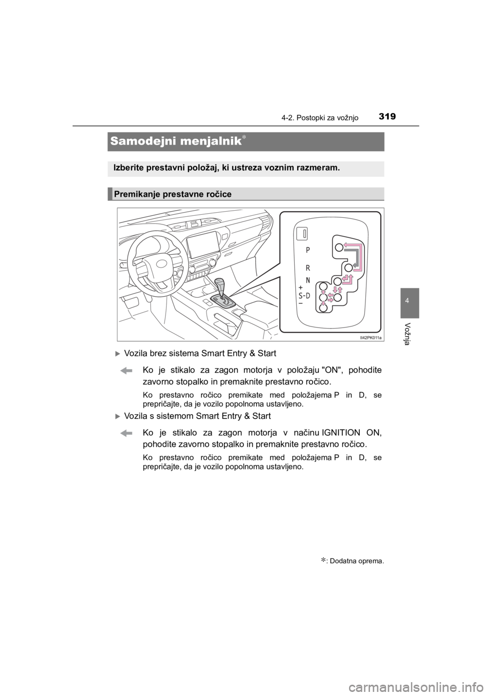 TOYOTA HILUX 2021 Navodila Za Uporabo (in Slovenian) 319
4
4-2. Postopki za vožnjo
Vožnja
HILUX_OM_OM0K641E_(EE)
Samodejni menjalnik∗
Vozila brez sistema Smart Entry & Start
Ko je stikalo za zagon motorja v položaju "ON", pohodite
zavorno stopal TOYOTA HILUX 2021 Navodila Za Uporabo (in Slovenian) 319
4
4-2. Postopki za vožnjo
Vožnja
HILUX_OM_OM0K641E_(EE)
Samodejni menjalnik∗
Vozila brez sistema Smart Entry & Start
Ko je stikalo za zagon motorja v položaju "ON", pohodite
zavorno stopal