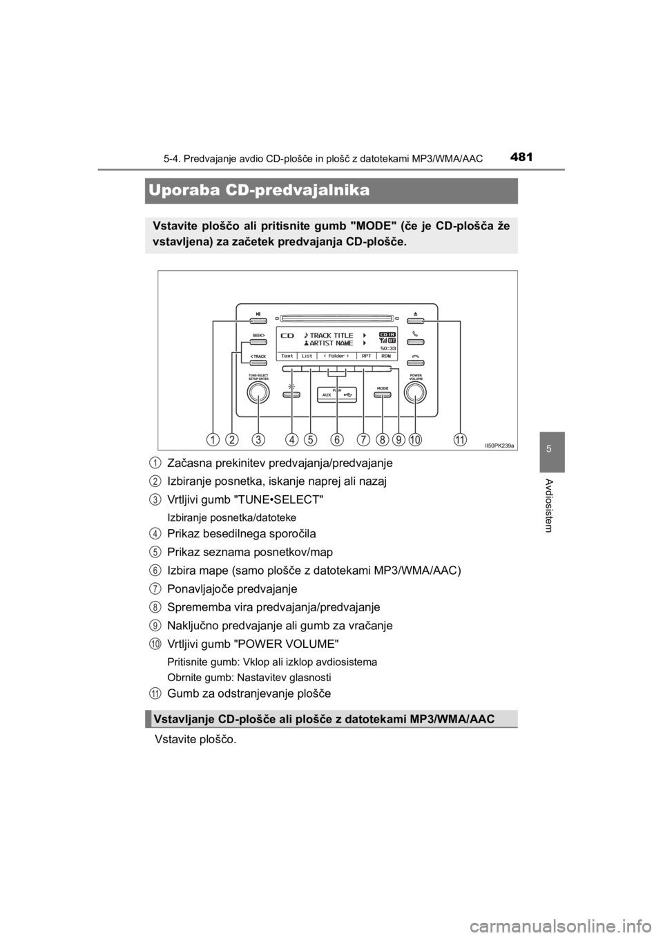 TOYOTA HILUX 2021 Navodila Za Uporabo (in Slovenian) 481
5
5-4. Predvajanje avdio CD-plošče in plošč z datotekami MP3/WMA/AAC
Avdiosistem
HILUX_OM_OM0K641E_(EE)
Uporaba CD-predvajalnika
Začasna prekinitev predvajanja/predvajanje
Izbiranje posnetka, TOYOTA HILUX 2021 Navodila Za Uporabo (in Slovenian) 481
5
5-4. Predvajanje avdio CD-plošče in plošč z datotekami MP3/WMA/AAC
Avdiosistem
HILUX_OM_OM0K641E_(EE)
Uporaba CD-predvajalnika
Začasna prekinitev predvajanja/predvajanje
Izbiranje posnetka,