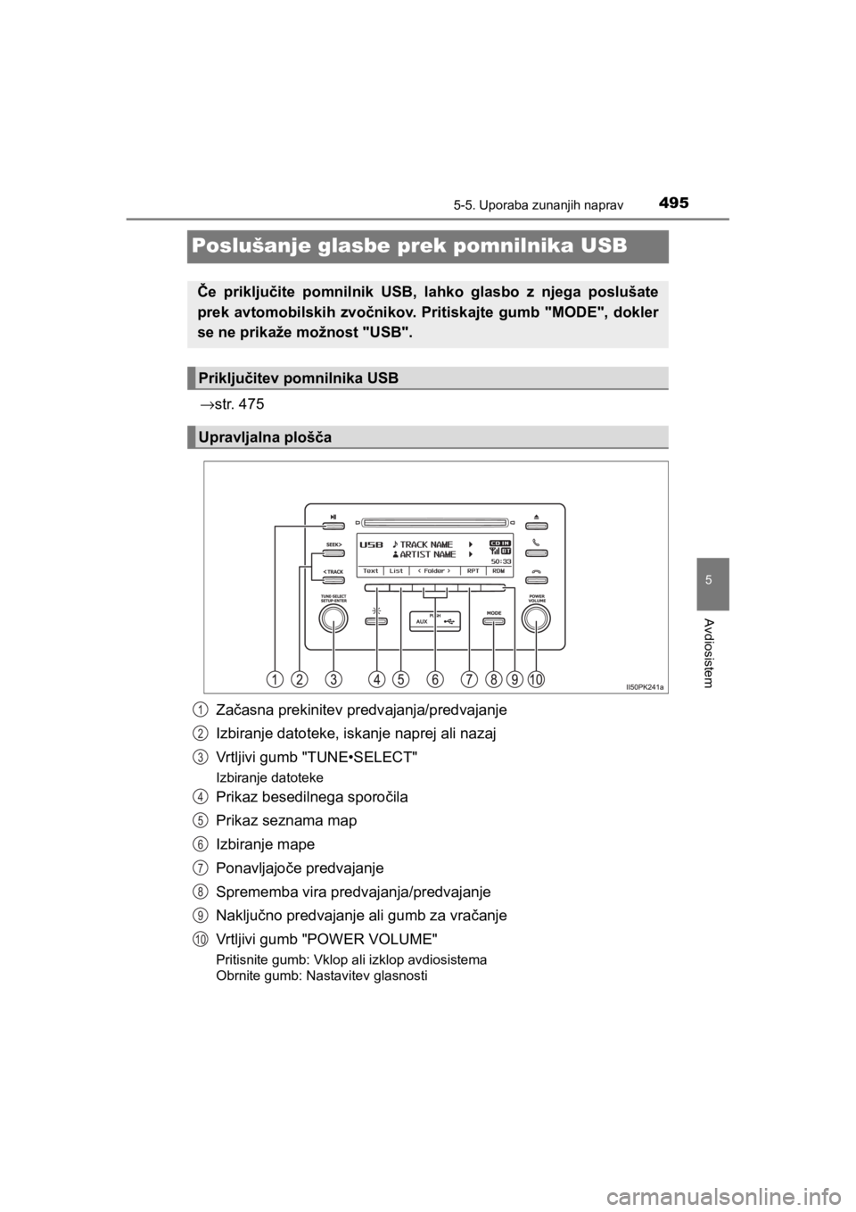TOYOTA HILUX 2021 Navodila Za Uporabo (in Slovenian) 495
5
5-5. Uporaba zunanjih naprav
Avdiosistem
HILUX_OM_OM0K641E_(EE)
Poslušanje glasbe prek pomnilnika USB
→str. 475
Začasna prekinitev predvajanja/predvajanje
Izbiranje datoteke, iskanje naprej TOYOTA HILUX 2021 Navodila Za Uporabo (in Slovenian) 495
5
5-5. Uporaba zunanjih naprav
Avdiosistem
HILUX_OM_OM0K641E_(EE)
Poslušanje glasbe prek pomnilnika USB
→str. 475
Začasna prekinitev predvajanja/predvajanje
Izbiranje datoteke, iskanje naprej