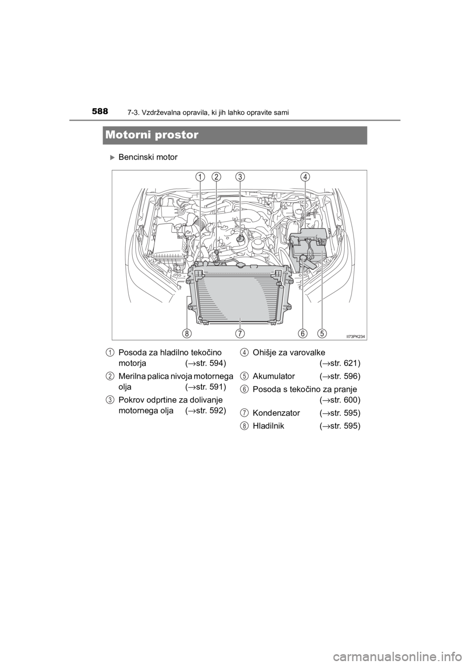TOYOTA HILUX 2021 Navodila Za Uporabo (in Slovenian) 5887-3. Vzdrževalna opravila, ki jih lahko opravite sami
HILUX_OM_OM0K641E_(EE)
Motorni prostor
Bencinski motor
Posoda za hladilno tekočino
motorja (→str. 594)
Merilna palica nivoja motornega TOYOTA HILUX 2021 Navodila Za Uporabo (in Slovenian) 5887-3. Vzdrževalna opravila, ki jih lahko opravite sami
HILUX_OM_OM0K641E_(EE)
Motorni prostor
Bencinski motor
Posoda za hladilno tekočino
motorja (→str. 594)
Merilna palica nivoja motornega
