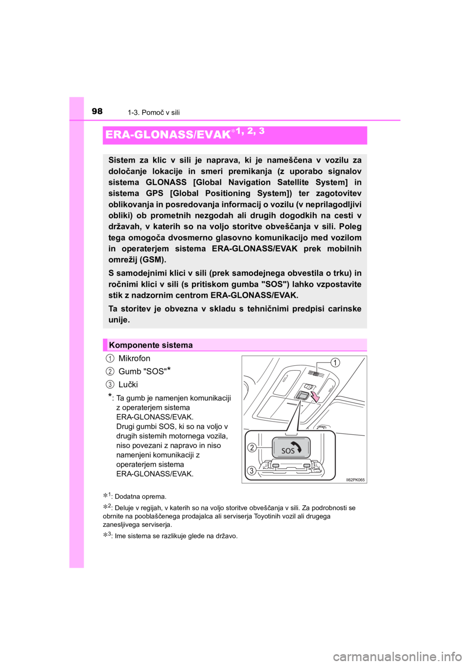 TOYOTA HILUX 2021 Navodila Za Uporabo (in Slovenian) 981-3. Pomoč v sili
HILUX_OM_OM0K641E_(EE)
ERA-GLONASS/EVAK∗1, 2, 3
Mikrofon
Gumb "SOS"
*
Lučki
*: Ta gumb je namenjen komunikaciji
z operaterjem sistema
ERA-GLONASS/EVAK.
Drugi gumbi SOS, ki so TOYOTA HILUX 2021 Navodila Za Uporabo (in Slovenian) 981-3. Pomoč v sili
HILUX_OM_OM0K641E_(EE)
ERA-GLONASS/EVAK∗1, 2, 3
Mikrofon
Gumb "SOS"
*
Lučki
*: Ta gumb je namenjen komunikaciji
z operaterjem sistema
ERA-GLONASS/EVAK.
Drugi gumbi SOS, ki so