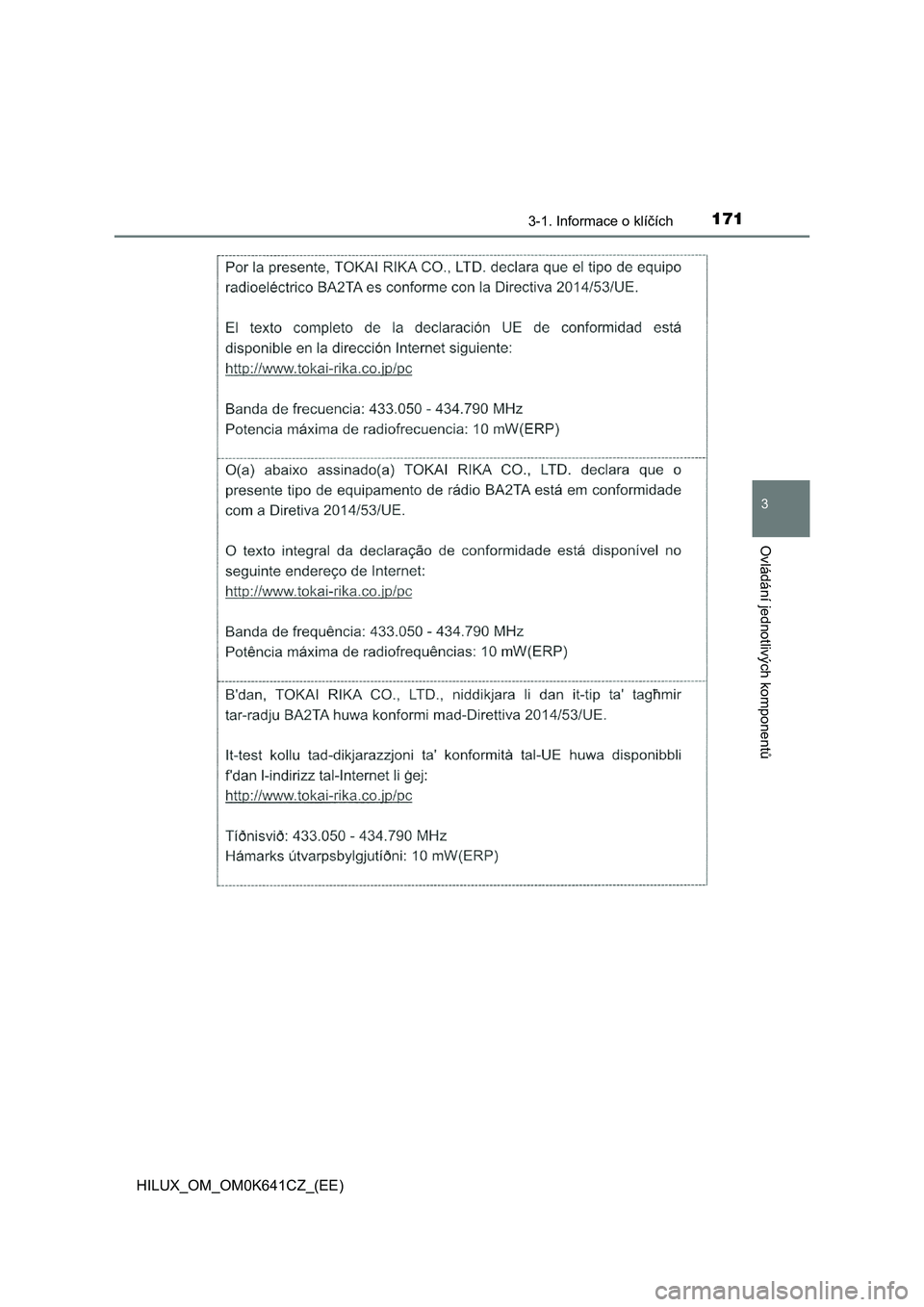 TOYOTA HILUX 2021 Návod na použití (in Czech) 1713-1. Informace o klíčích
3
Ovládání jednotlivých komponentů
HILUX_OM_OM0K641CZ_(EE) TOYOTA HILUX 2021 Návod na použití (in Czech) 1713-1. Informace o klíčích
3
Ovládání jednotlivých komponentů
HILUX_OM_OM0K641CZ_(EE)