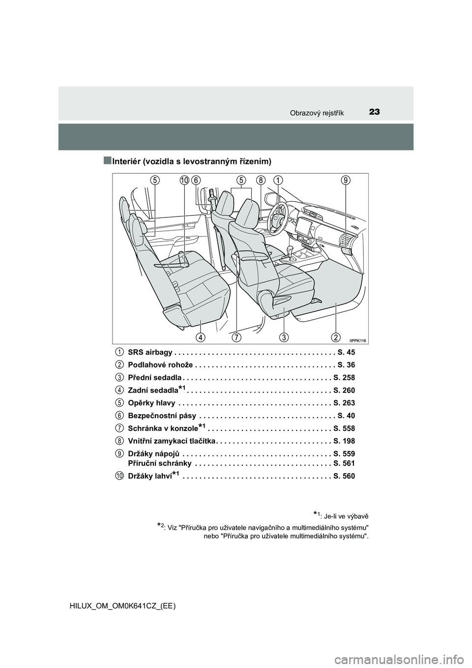 TOYOTA HILUX 2021  Návod na použití (in Czech) 23Obrazový rejstřík
HILUX_OM_OM0K641CZ_(EE)
■Interiér (vozidla s levostranným řízením)
SRS airbagy . . . . . . . . . . . . . . . . . . . . . . . . . . . . . . . . . . . . . . . S. 45 
Podlah