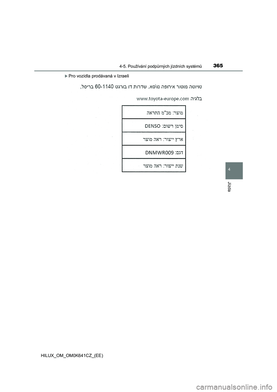 TOYOTA HILUX 2021  Návod na použití (in Czech) 3654-5. Používání podpůrných jízdních systémů
4
Jízda
HILUX_OM_OM0K641CZ_(EE)
Pro vozidla prodávaná v Izraeli 