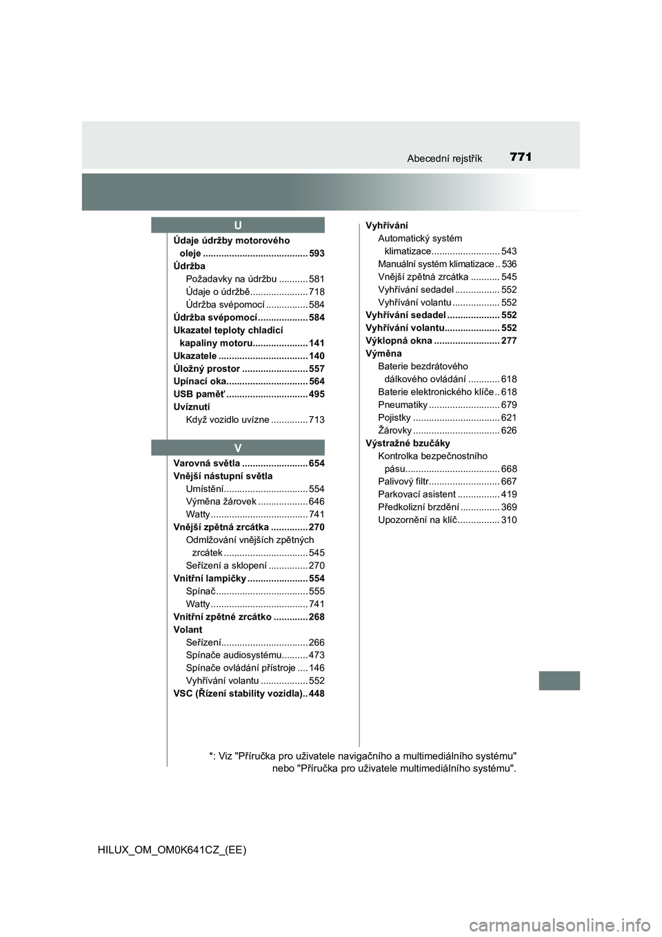 TOYOTA HILUX 2021  Návod na použití (in Czech) 771Abecední rejstřík
HILUX_OM_OM0K641CZ_(EE)
Údaje údržby motorového  
oleje ........................................ 593 
Údržba
Požadavky na údržbu ........... 581 
Údaje o údržbě...