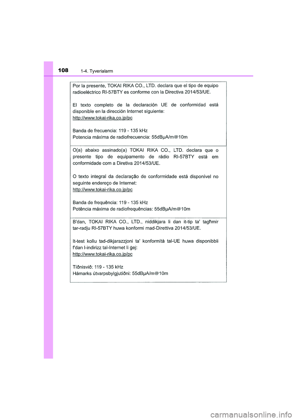 TOYOTA HILUX 2021  Brugsanvisning (in Danish) 1081-4. Tyverialarm
HILUX OM0K641DK
OM0K641DK.book  Page 108  Monday, February 22, 2021  1:35 PM 