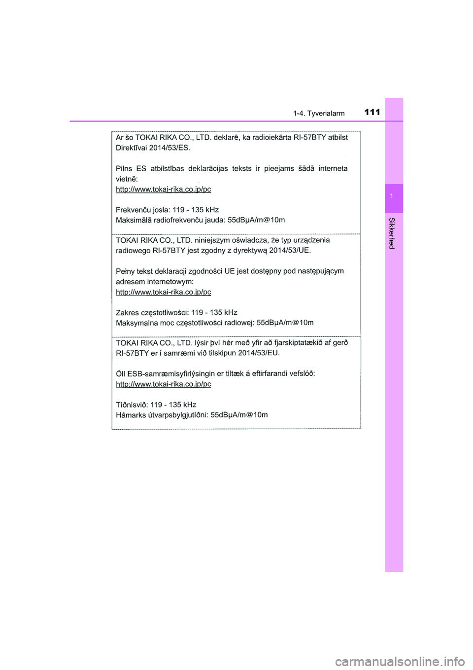 TOYOTA HILUX 2021 Brugsanvisning (in Danish) 1111-4. Tyverialarm
1
HILUX OM0K641DK
Sikkerhed
OM0K641DK.book Page 111 Monday, February 22, 2021 1:35 PM TOYOTA HILUX 2021 Brugsanvisning (in Danish) 1111-4. Tyverialarm
1
HILUX OM0K641DK
Sikkerhed
OM0K641DK.book Page 111 Monday, February 22, 2021 1:35 PM