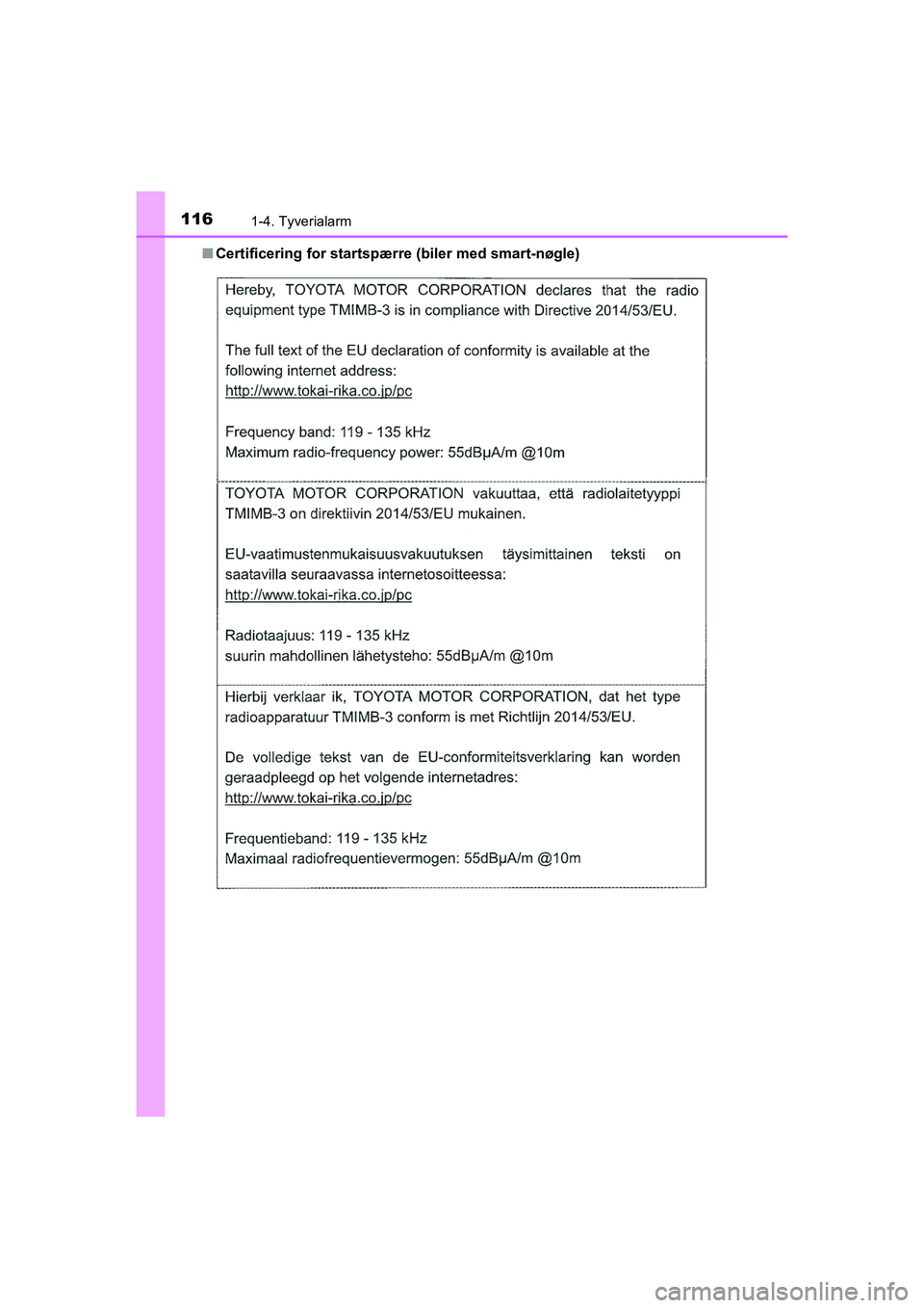 TOYOTA HILUX 2021 Brugsanvisning (in Danish) 1161-4. Tyverialarm
HILUX OM0K641DKn
Certificering for startspærr e (biler med smart-nøgle)
OM0K641DK.book Page 116 Monday, February 22, 2021 1:35 PM TOYOTA HILUX 2021 Brugsanvisning (in Danish) 1161-4. Tyverialarm
HILUX OM0K641DKn
Certificering for startspærr e (biler med smart-nøgle)
OM0K641DK.book Page 116 Monday, February 22, 2021 1:35 PM