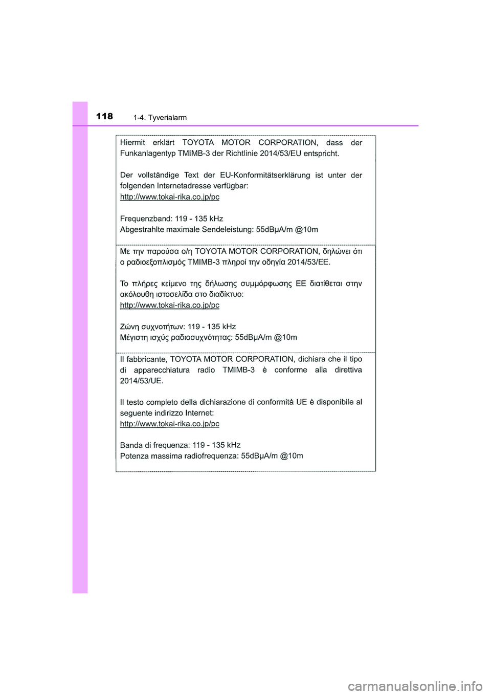TOYOTA HILUX 2021 Brugsanvisning (in Danish) 1181-4. Tyverialarm
HILUX OM0K641DK
OM0K641DK.book Page 118 Monday, February 22, 2021 1:35 PM TOYOTA HILUX 2021 Brugsanvisning (in Danish) 1181-4. Tyverialarm
HILUX OM0K641DK
OM0K641DK.book Page 118 Monday, February 22, 2021 1:35 PM