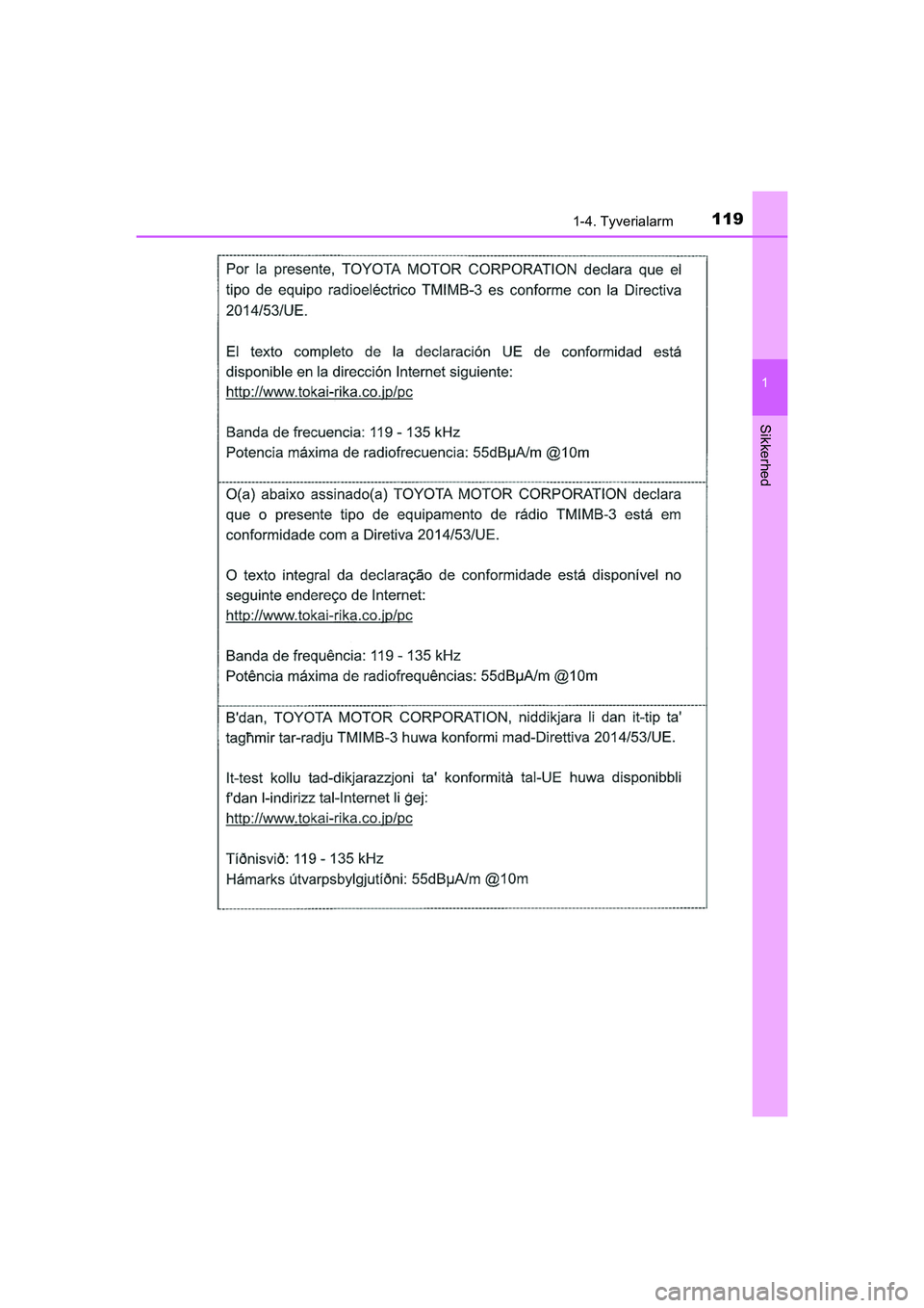 TOYOTA HILUX 2021 Brugsanvisning (in Danish) 1191-4. Tyverialarm
1
HILUX OM0K641DK
Sikkerhed
OM0K641DK.book Page 119 Monday, February 22, 2021 1:35 PM TOYOTA HILUX 2021 Brugsanvisning (in Danish) 1191-4. Tyverialarm
1
HILUX OM0K641DK
Sikkerhed
OM0K641DK.book Page 119 Monday, February 22, 2021 1:35 PM