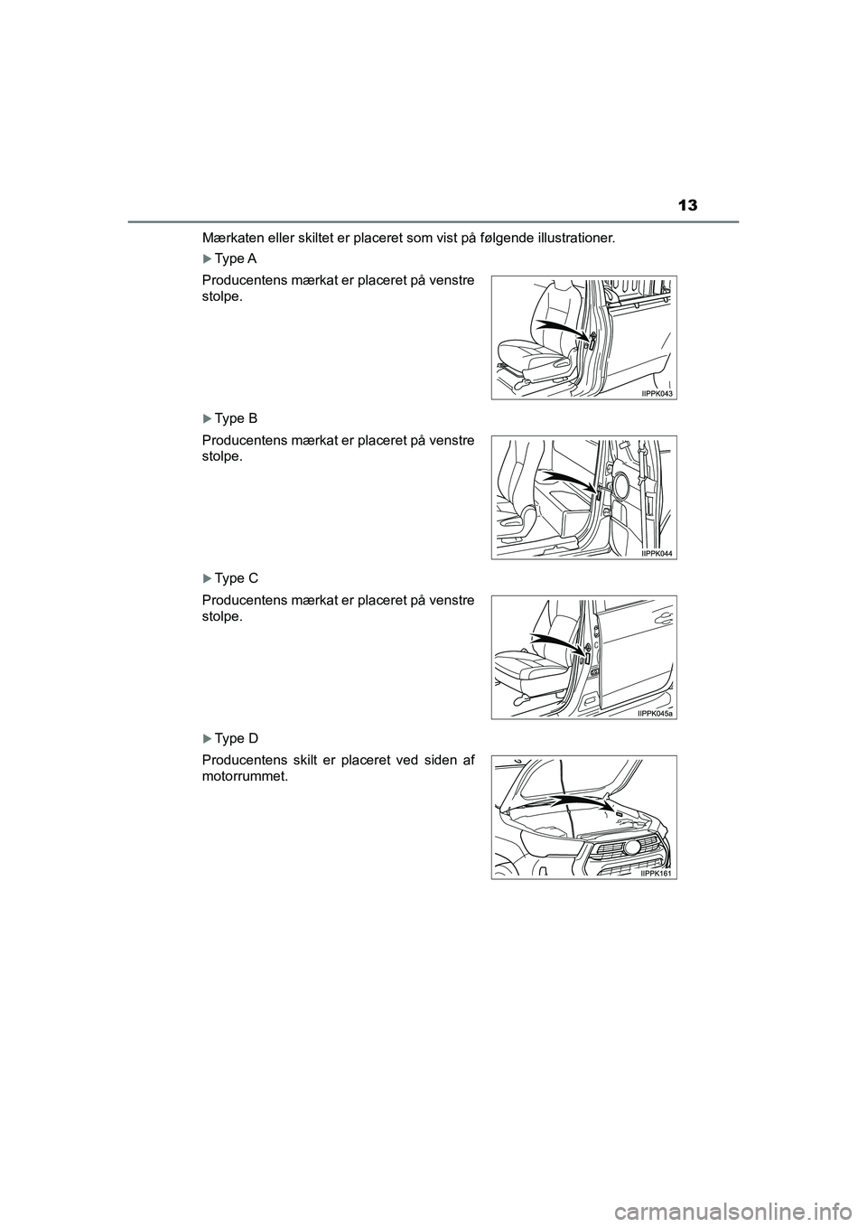 TOYOTA HILUX 2021 Brugsanvisning (in Danish) 13
HILUX OM0K641DKMærkaten eller skiltet er placeret som vist på følgende illustrationer.
Type A
Type B
Type C
Type D
Producentens mærkat er placeret på venstre
stolpe.
Producentens m TOYOTA HILUX 2021 Brugsanvisning (in Danish) 13
HILUX OM0K641DKMærkaten eller skiltet er placeret som vist på følgende illustrationer.
Type A
Type B
Type C
Type D
Producentens mærkat er placeret på venstre
stolpe.
Producentens m