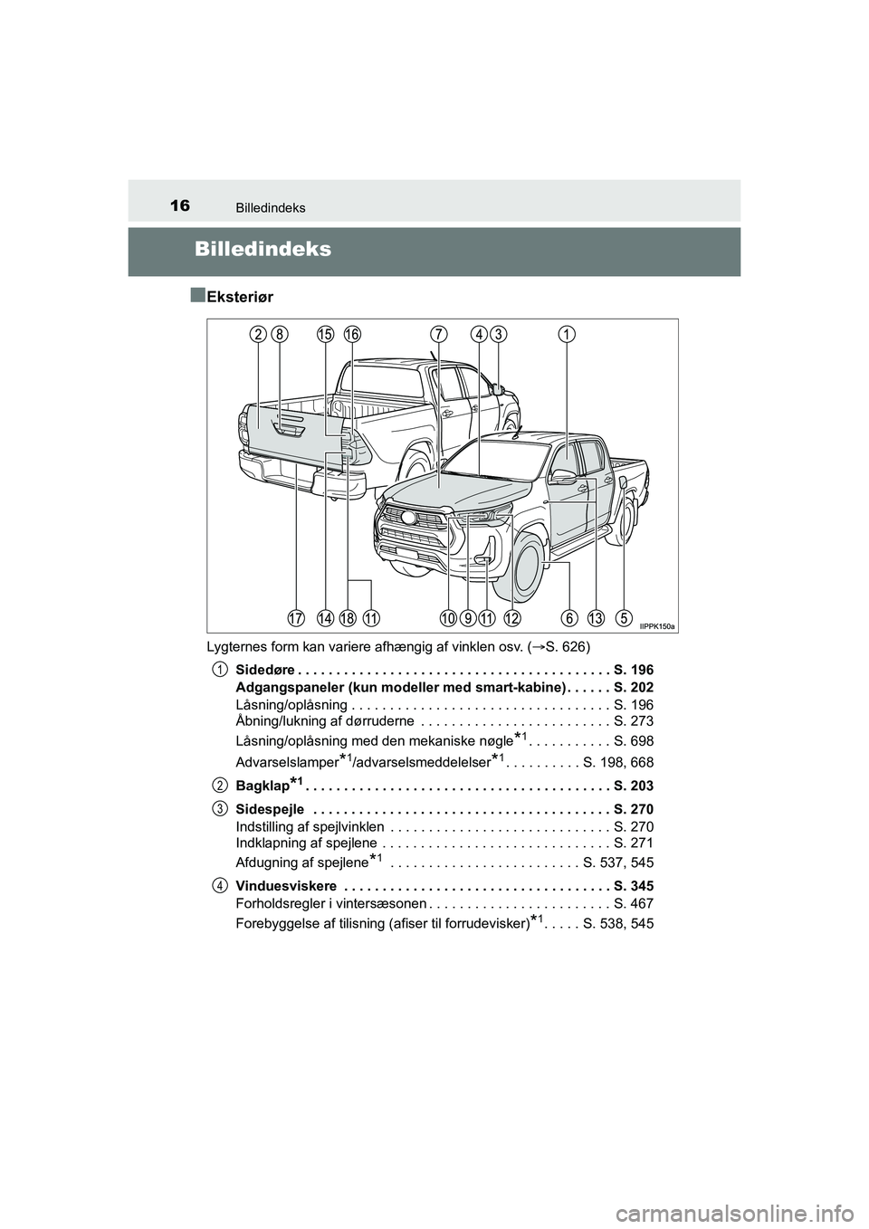 TOYOTA HILUX 2021 Brugsanvisning (in Danish) 16Billedindeks
HILUX OM0K641DK
Billedindeks
n
Eksteriør
Lygternes form kan variere afhængig af vinklen osv. ( S. 626)
Sidedøre . . . . . . . . . . . . . . . . . . . . . . . . . . . . . . . . . . TOYOTA HILUX 2021 Brugsanvisning (in Danish) 16Billedindeks
HILUX OM0K641DK
Billedindeks
n
Eksteriør
Lygternes form kan variere afhængig af vinklen osv. ( S. 626)
Sidedøre . . . . . . . . . . . . . . . . . . . . . . . . . . . . . . . . . .
