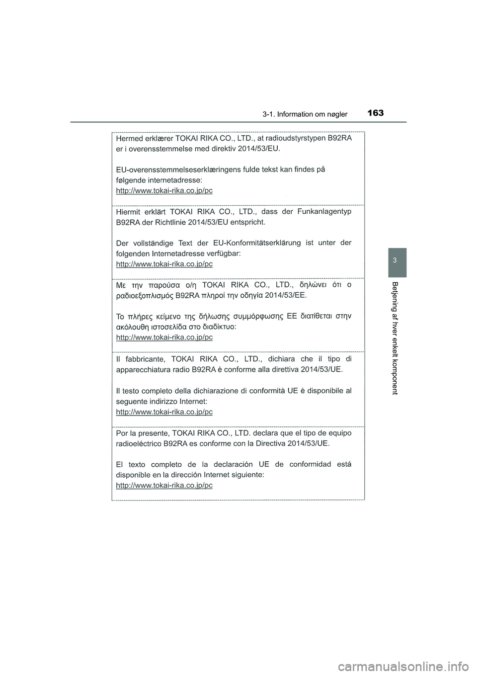 TOYOTA HILUX 2021  Brugsanvisning (in Danish) 1633-1. Information om nøgler
3
Betjening af hver enkelt komponent
HILUX OM0K641DK
OM0K641DK.book  Page 163  Monday, February 22, 2021  1:35 PM 