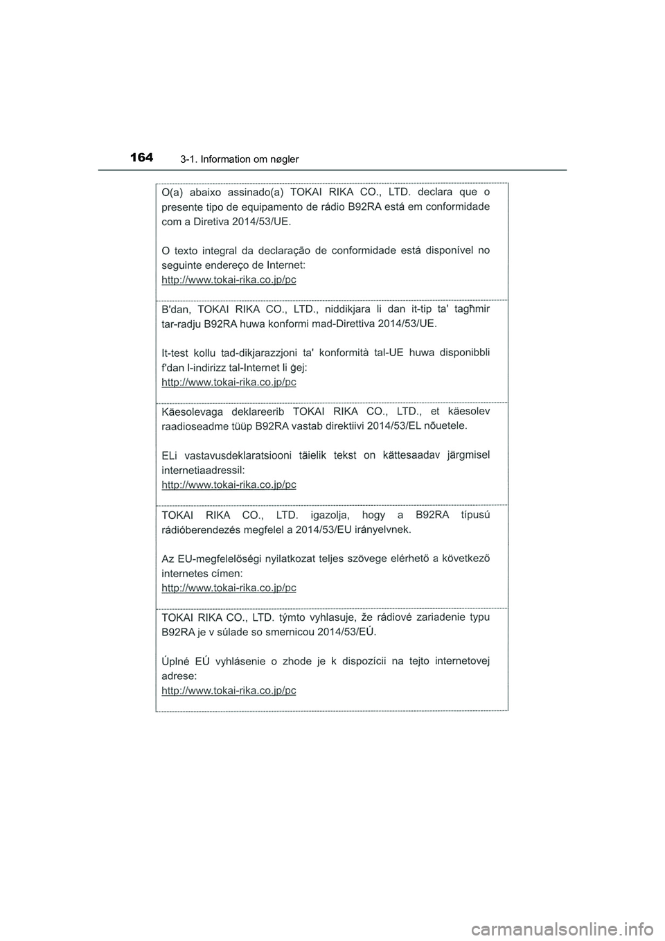 TOYOTA HILUX 2021  Brugsanvisning (in Danish) 1643-1. Information om nøgler
HILUX OM0K641DK
OM0K641DK.book  Page 164  Monday, February 22, 2021  1:35 PM 