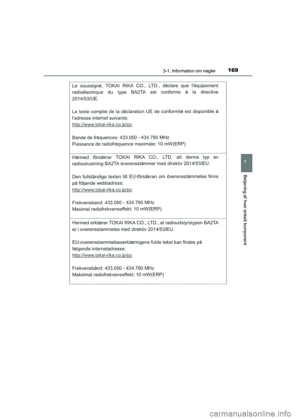 TOYOTA HILUX 2021  Brugsanvisning (in Danish) 1693-1. Information om nøgler
3
Betjening af hver enkelt komponent
HILUX OM0K641DK
OM0K641DK.book  Page 169  Monday, February 22, 2021  1:35 PM 