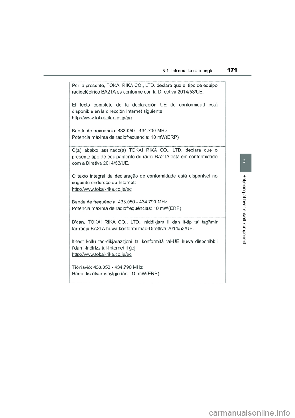 TOYOTA HILUX 2021  Brugsanvisning (in Danish) 1713-1. Information om nøgler
3
Betjening af hver enkelt komponent
HILUX OM0K641DK
OM0K641DK.book  Page 171  Monday, February 22, 2021  1:35 PM 