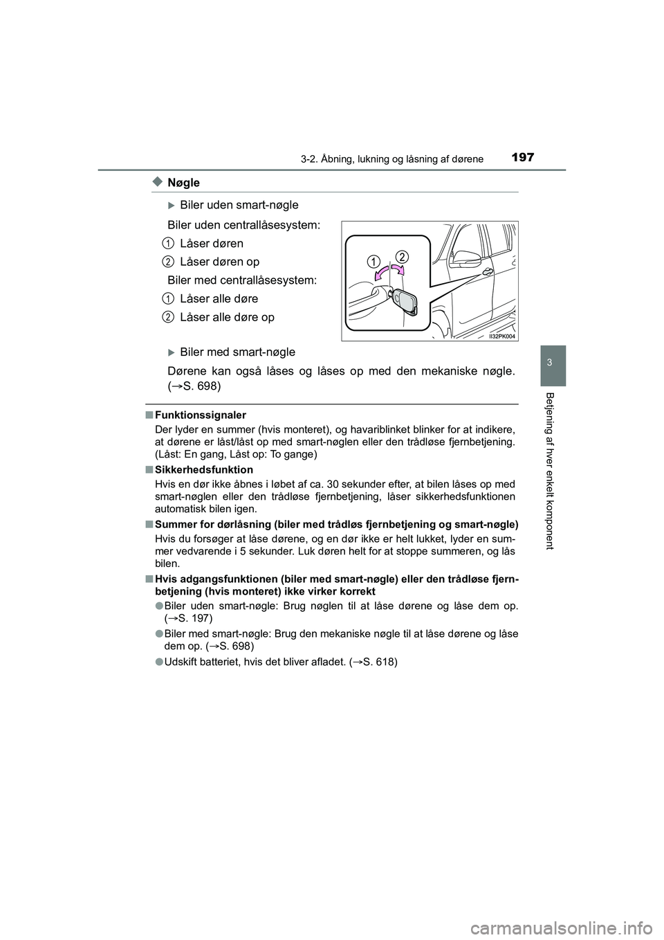 TOYOTA HILUX 2021 Brugsanvisning (in Danish) 1973-2. Åbning, lukning og låsning af dørene
3
Betjening af hver enkelt komponent
HILUX OM0K641DK
uNøgle
Biler uden smart-nøgle
Biler uden centrallåsesystem: Låser døren
Låser døren op
Bi TOYOTA HILUX 2021 Brugsanvisning (in Danish) 1973-2. Åbning, lukning og låsning af dørene
3
Betjening af hver enkelt komponent
HILUX OM0K641DK
uNøgle
Biler uden smart-nøgle
Biler uden centrallåsesystem: Låser døren
Låser døren op
Bi