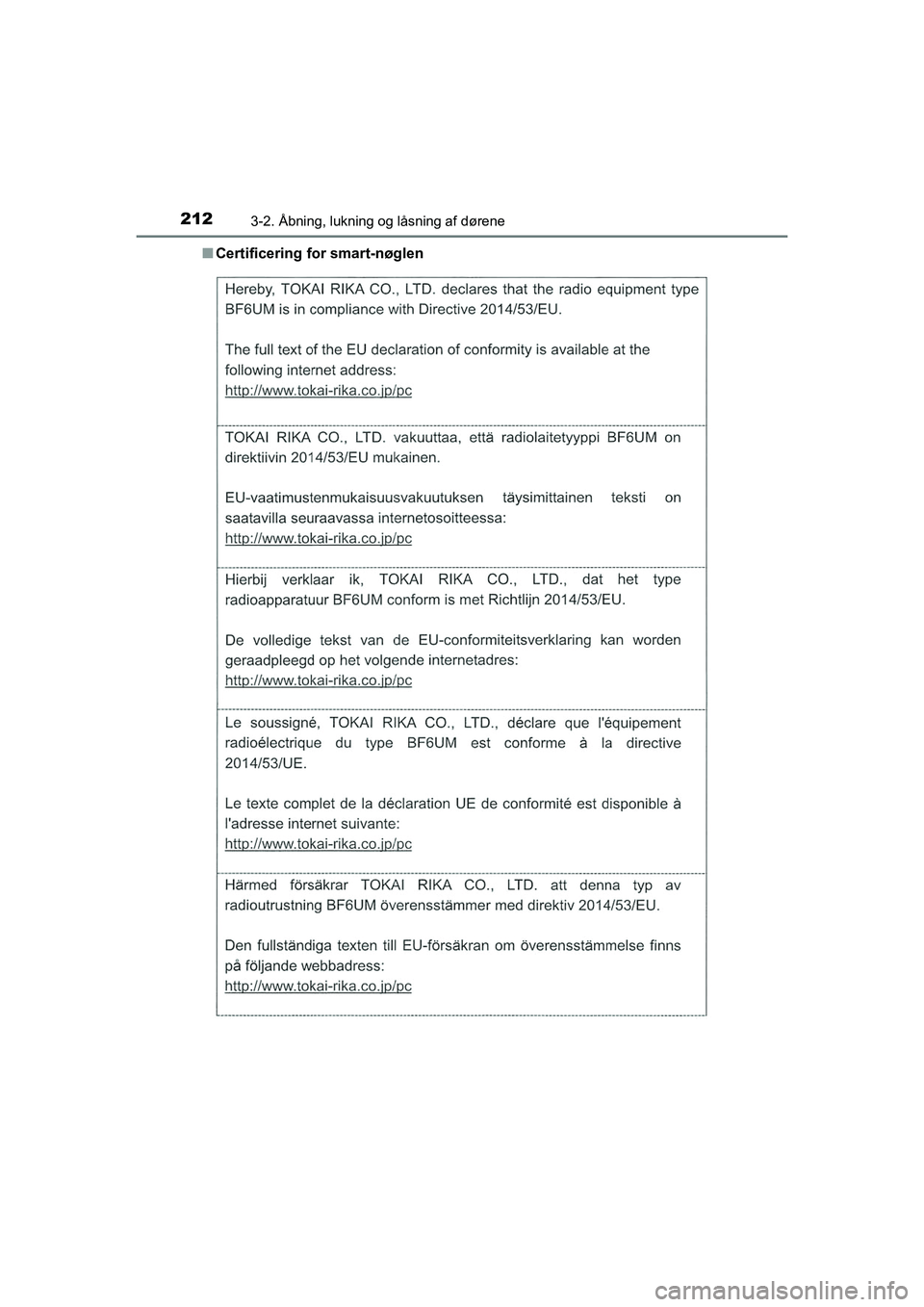 TOYOTA HILUX 2021  Brugsanvisning (in Danish) 2123-2. Åbning, lukning og låsning af dørene
HILUX OM0K641DKn
Certificering fo r smart-nøglen
OM0K641DK.book  Page 212  Monday, February 22, 2021  1:35 PM 