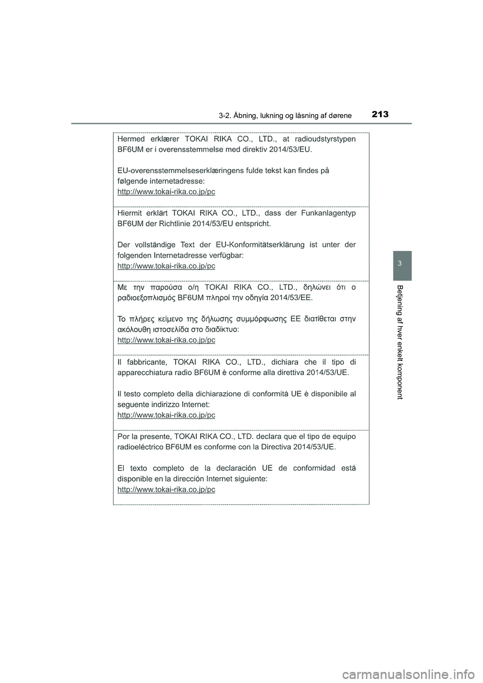 TOYOTA HILUX 2021  Brugsanvisning (in Danish) 2133-2. Åbning, lukning og låsning af dørene
3
Betjening af hver enkelt komponent
HILUX OM0K641DK
OM0K641DK.book  Page 213  Monday, February 22, 2021  1:35 PM 