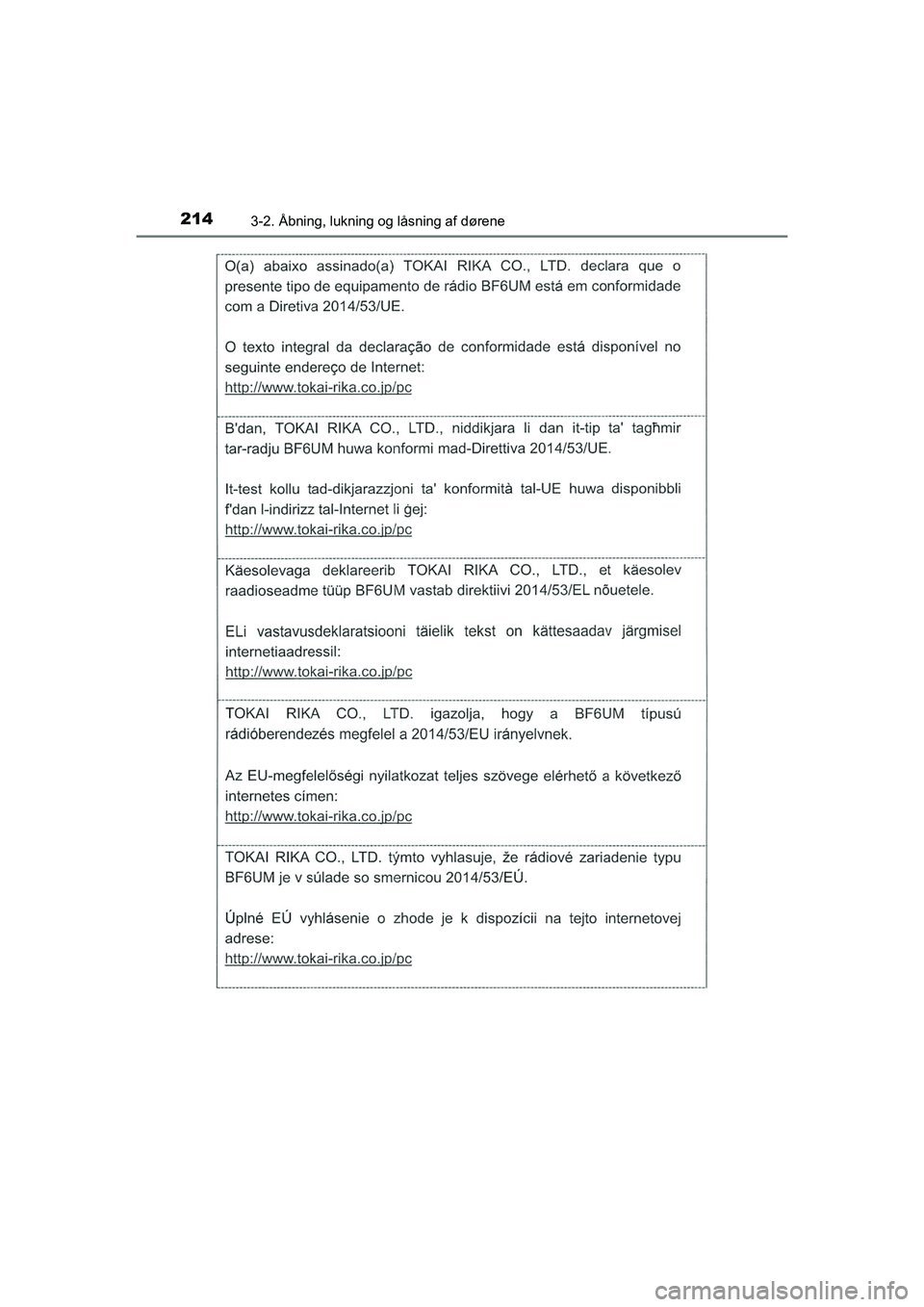 TOYOTA HILUX 2021  Brugsanvisning (in Danish) 2143-2. Åbning, lukning og låsning af dørene
HILUX OM0K641DK
OM0K641DK.book  Page 214  Monday, February 22, 2021  1:35 PM 