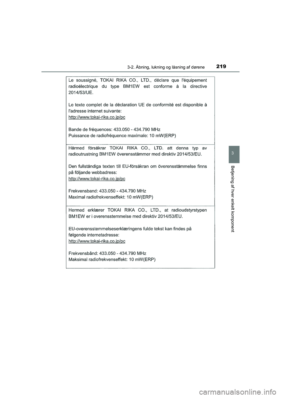 TOYOTA HILUX 2021  Brugsanvisning (in Danish) 2193-2. Åbning, lukning og låsning af dørene
3
Betjening af hver enkelt komponent
HILUX OM0K641DK
OM0K641DK.book  Page 219  Monday, February 22, 2021  1:35 PM 
