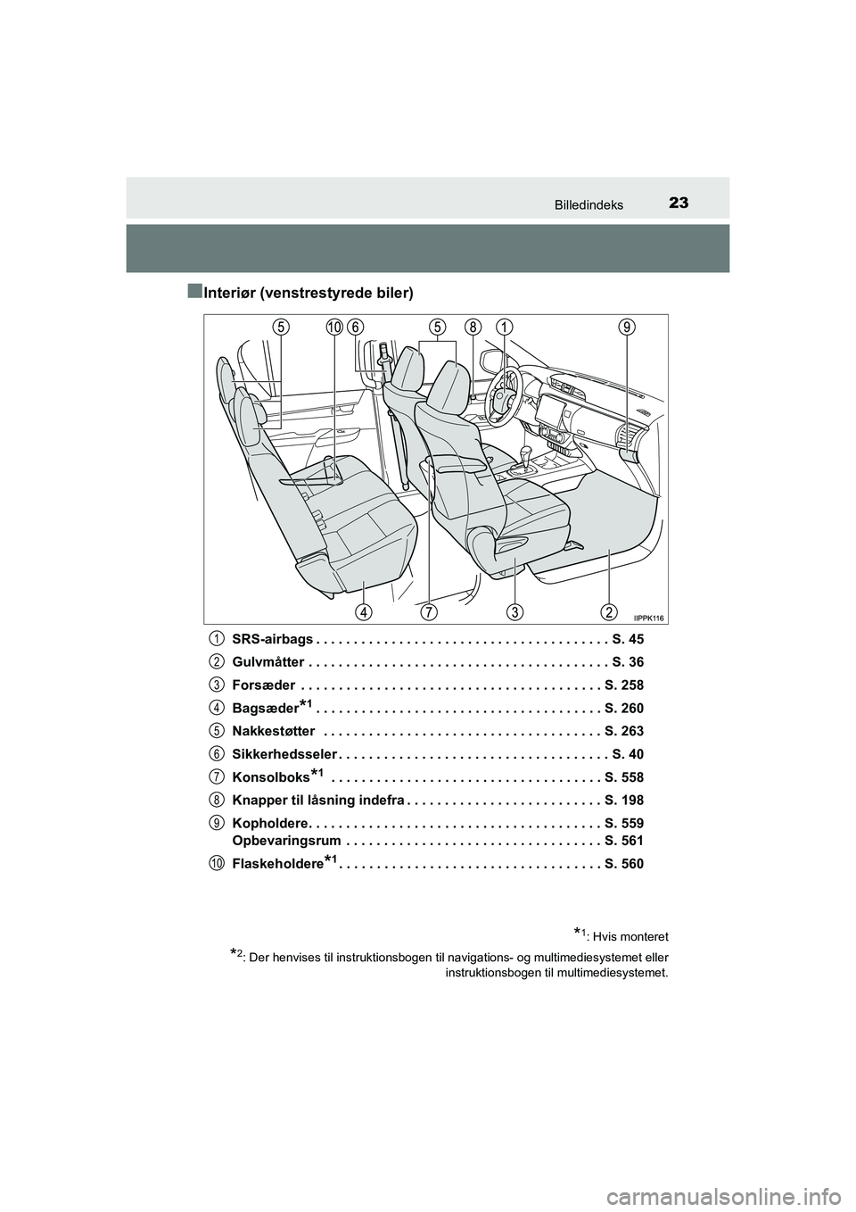 TOYOTA HILUX 2021 Brugsanvisning (in Danish) 23Billedindeks
HILUX OM0K641DK
nInteriør (venstrestyrede biler)
SRS-airbags . . . . . . . . . . . . . . . . . . . . . . . . . . . . . . . . . . . . . . . S. 45
Gulvmåtter . . . . . . . . . . . . . . TOYOTA HILUX 2021 Brugsanvisning (in Danish) 23Billedindeks
HILUX OM0K641DK
nInteriør (venstrestyrede biler)
SRS-airbags . . . . . . . . . . . . . . . . . . . . . . . . . . . . . . . . . . . . . . . S. 45
Gulvmåtter . . . . . . . . . . . . . .