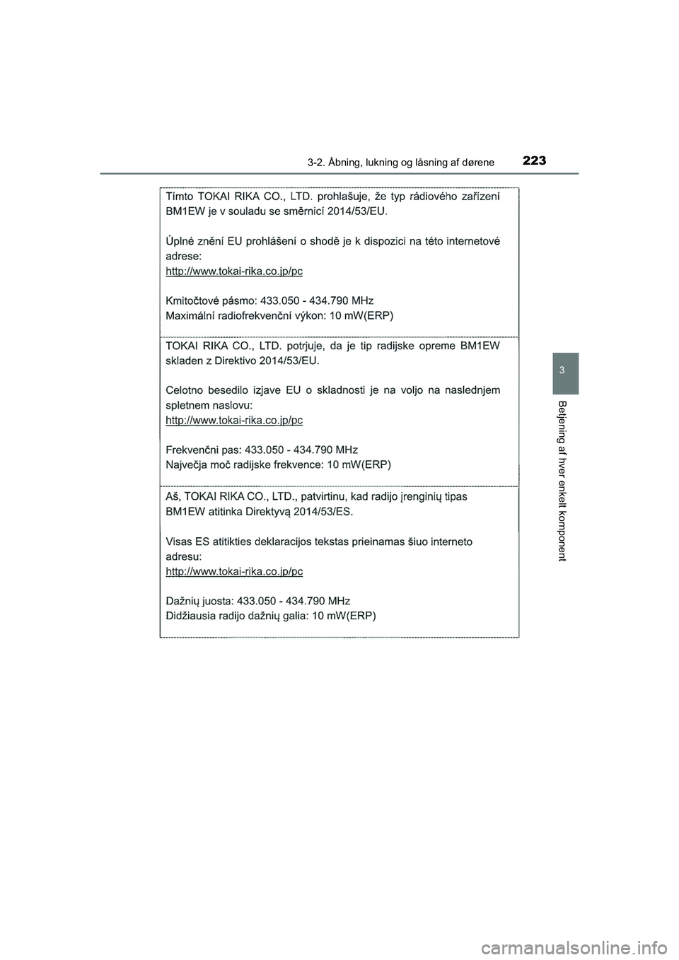 TOYOTA HILUX 2021  Brugsanvisning (in Danish) 2233-2. Åbning, lukning og låsning af dørene
3
Betjening af hver enkelt komponent
HILUX OM0K641DK
OM0K641DK.book  Page 223  Monday, February 22, 2021  1:35 PM 