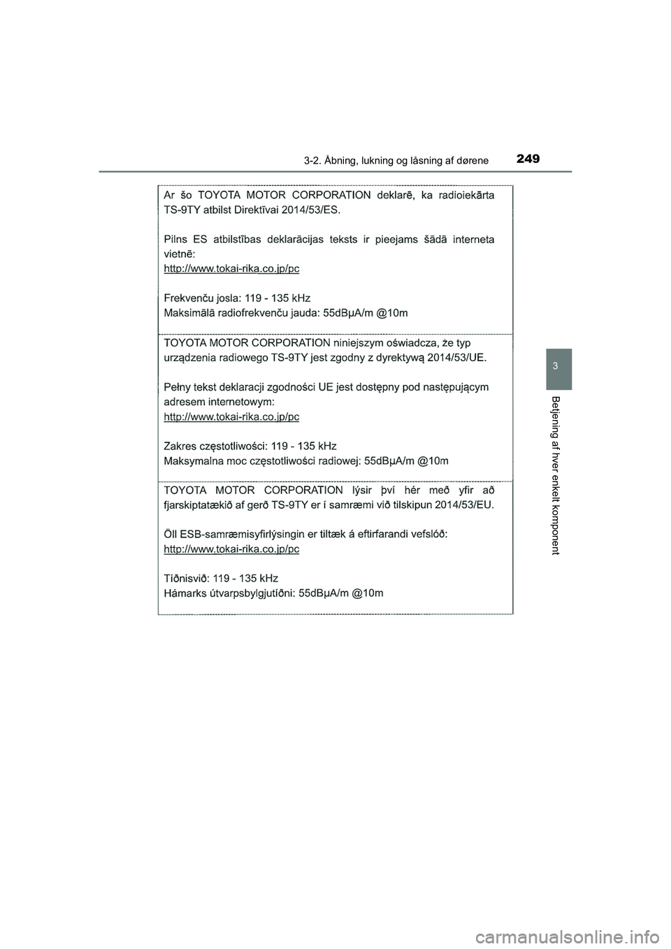 TOYOTA HILUX 2021  Brugsanvisning (in Danish) 2493-2. Åbning, lukning og låsning af dørene
3
Betjening af hver enkelt komponent
HILUX OM0K641DK
OM0K641DK.book  Page 249  Monday, February 22, 2021  1:35 PM 