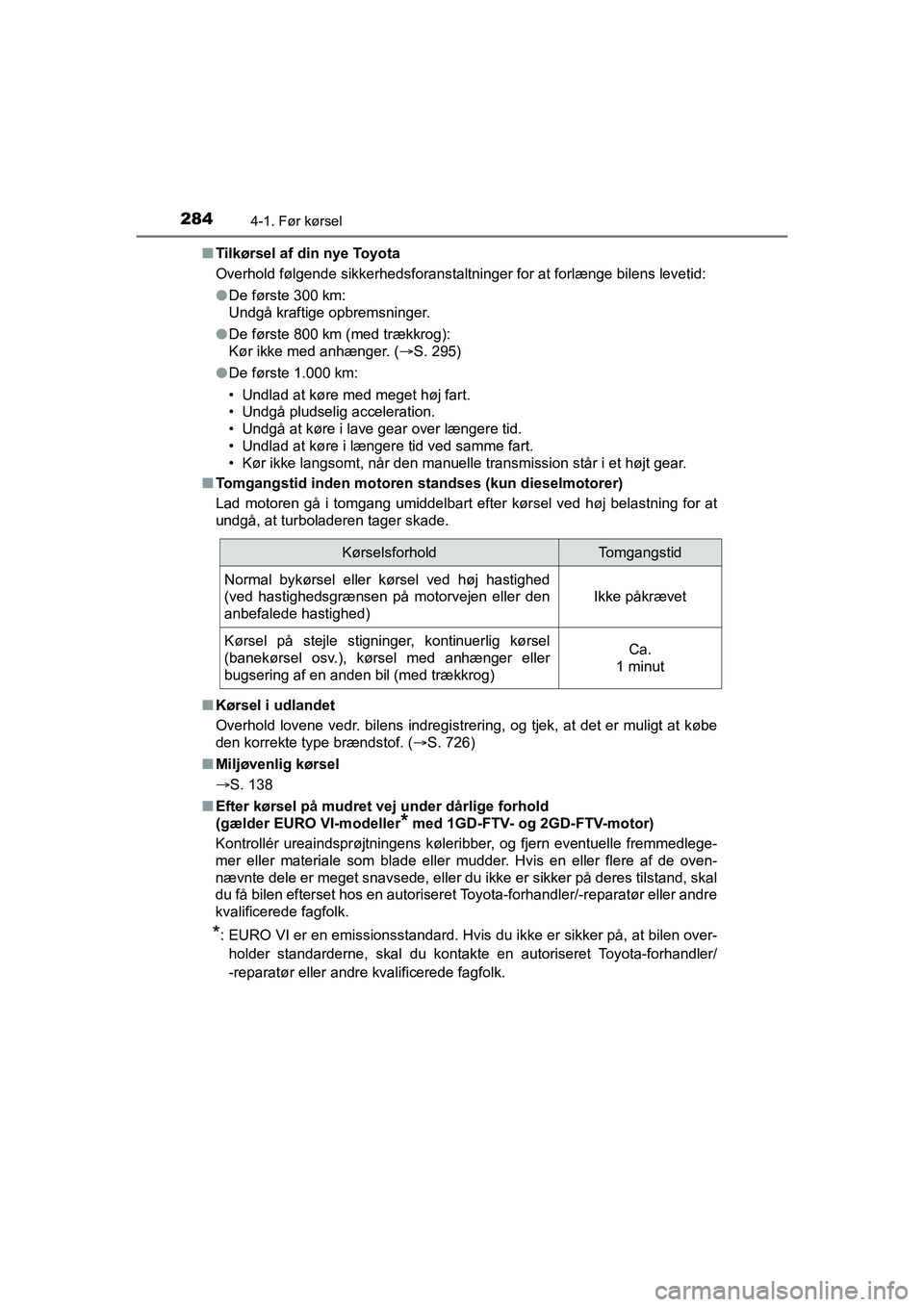TOYOTA HILUX 2021 Brugsanvisning (in Danish) 2844-1. Før kørsel
HILUX OM0K641DKn
Tilkørsel af din nye Toyota
Overhold følgende sikkerhedsforanstaltninger for at forlænge bilens levetid:
lDe første 300 km:
Undgå kraftige opbremsninger.
l D TOYOTA HILUX 2021 Brugsanvisning (in Danish) 2844-1. Før kørsel
HILUX OM0K641DKn
Tilkørsel af din nye Toyota
Overhold følgende sikkerhedsforanstaltninger for at forlænge bilens levetid:
lDe første 300 km:
Undgå kraftige opbremsninger.
l D