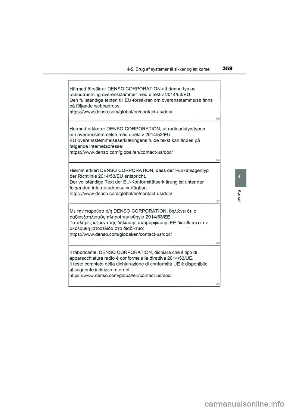 TOYOTA HILUX 2021 Brugsanvisning (in Danish) 3594-5. Brug af systemer til sikker og let kørsel
4
Kørsel
HILUX OM0K641DK
OM0K641DK.book Page 359 Monday, February 22, 2021 1:35 PM TOYOTA HILUX 2021 Brugsanvisning (in Danish) 3594-5. Brug af systemer til sikker og let kørsel
4
Kørsel
HILUX OM0K641DK
OM0K641DK.book Page 359 Monday, February 22, 2021 1:35 PM