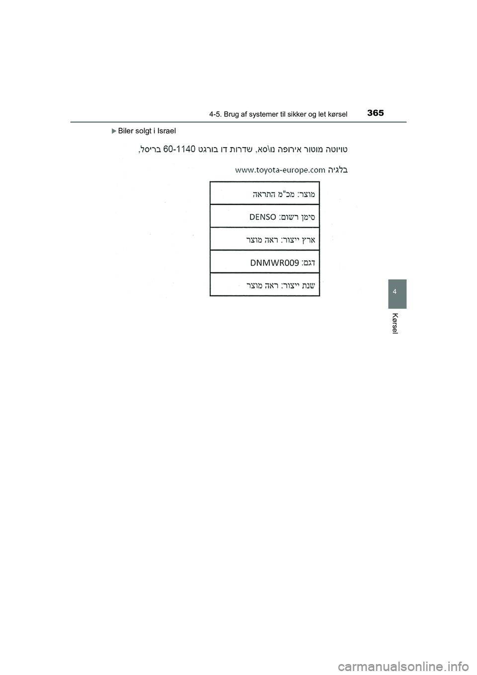 TOYOTA HILUX 2021  Brugsanvisning (in Danish) 3654-5. Brug af systemer til sikker og let kørsel
4
Kørsel
HILUX OM0K641DK
Biler solgt i Israel
OM0K641DK.book  Page 365  Monday, February 22, 2021  1:35 PM 
