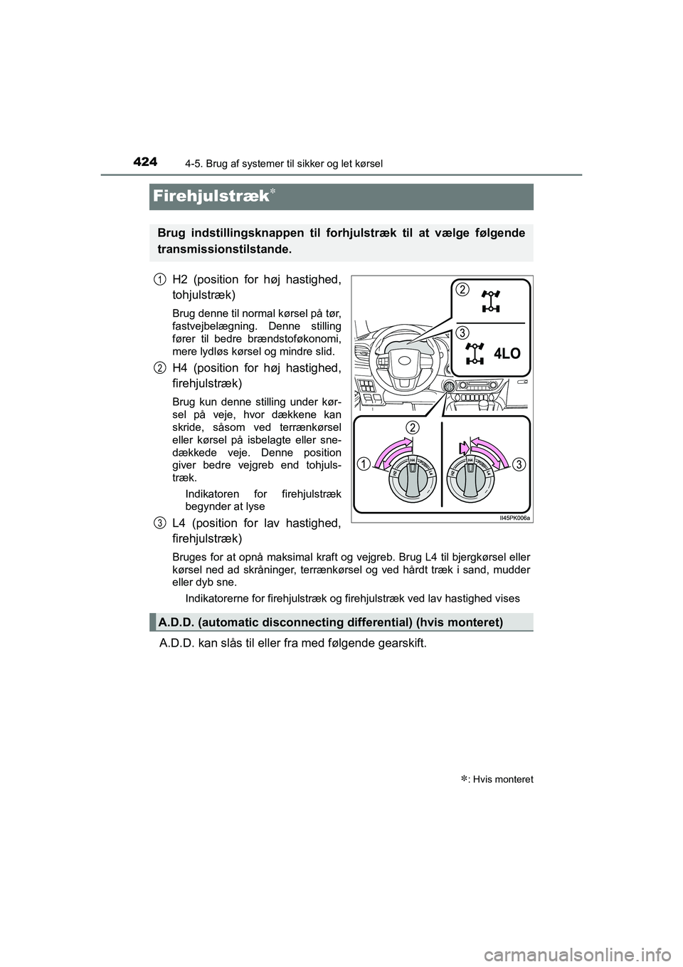 TOYOTA HILUX 2021 Brugsanvisning (in Danish) 4244-5. Brug af systemer til sikker og let kørsel
HILUX OM0K641DK
Firehjulstræk
H2 (position for høj hastighed,
tohjulstræk)
Brug denne til normal kørsel på tør,
fastvejbelægning. Denne sti TOYOTA HILUX 2021 Brugsanvisning (in Danish) 4244-5. Brug af systemer til sikker og let kørsel
HILUX OM0K641DK
Firehjulstræk
H2 (position for høj hastighed,
tohjulstræk)
Brug denne til normal kørsel på tør,
fastvejbelægning. Denne sti