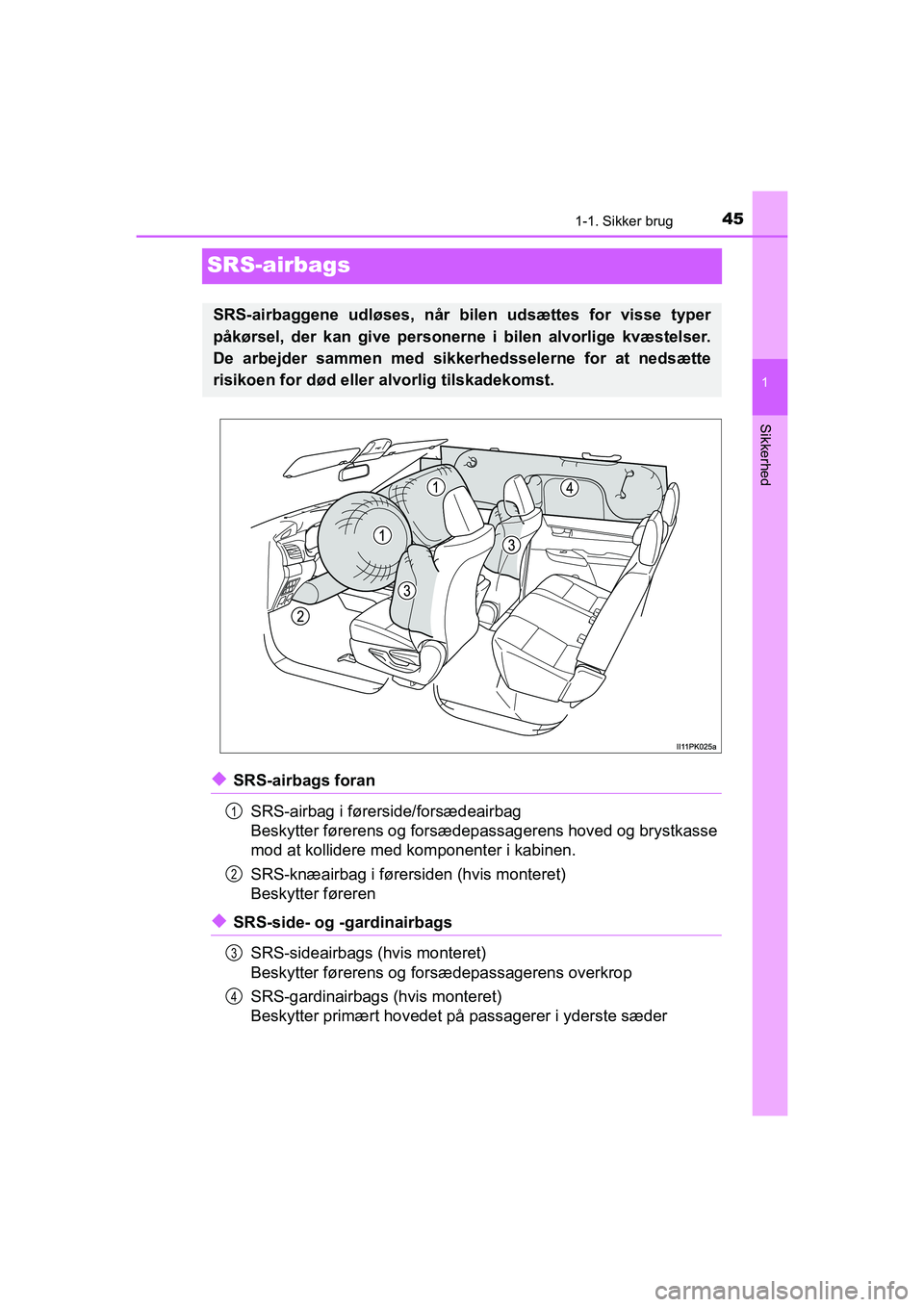 TOYOTA HILUX 2021 Brugsanvisning (in Danish) 451-1. Sikker brug
1
Sikkerhed
HILUX OM0K641DK
SRS-airbags
uSRS-airbags foranSRS-airbag i førerside/forsædeairbag
Beskytter førerens og forsædepassagerens hoved og brystkasse
mod at kollidere med TOYOTA HILUX 2021 Brugsanvisning (in Danish) 451-1. Sikker brug
1
Sikkerhed
HILUX OM0K641DK
SRS-airbags
uSRS-airbags foranSRS-airbag i førerside/forsædeairbag
Beskytter førerens og forsædepassagerens hoved og brystkasse
mod at kollidere med