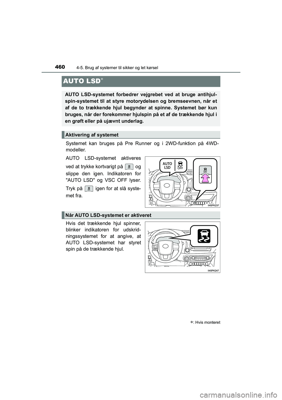 TOYOTA HILUX 2021 Brugsanvisning (in Danish) 4604-5. Brug af systemer til sikker og let kørsel
HILUX OM0K641DK
AUTO LSD
Systemet kan bruges på Pre Runner og i 2WD-funktion på 4WD-
modeller.
AUTO LSD-systemet aktiveres
ved at trykke kortvar TOYOTA HILUX 2021 Brugsanvisning (in Danish) 4604-5. Brug af systemer til sikker og let kørsel
HILUX OM0K641DK
AUTO LSD
Systemet kan bruges på Pre Runner og i 2WD-funktion på 4WD-
modeller.
AUTO LSD-systemet aktiveres
ved at trykke kortvar