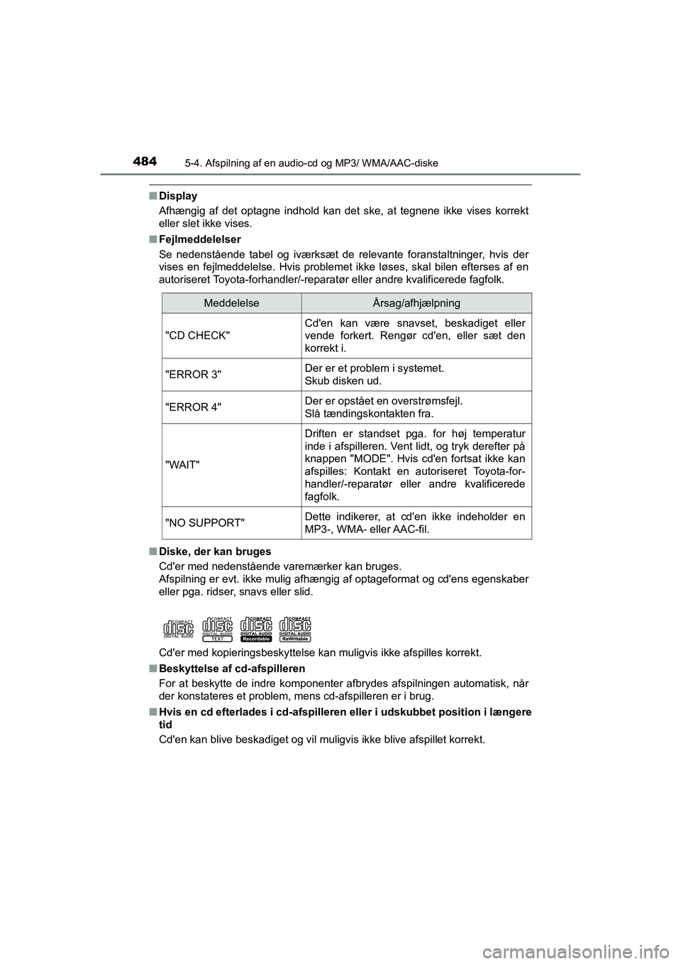 TOYOTA HILUX 2021 Brugsanvisning (in Danish) 4845-4. Afspilning af en audio-cd og MP3/ WMA/AAC-diske
HILUX OM0K641DK
nDisplay
Afhængig af det optagne indhold kan det ske, at tegnene ikke vises korrekt
eller slet ikke vises.
n Fejlmeddelelser
Se TOYOTA HILUX 2021 Brugsanvisning (in Danish) 4845-4. Afspilning af en audio-cd og MP3/ WMA/AAC-diske
HILUX OM0K641DK
nDisplay
Afhængig af det optagne indhold kan det ske, at tegnene ikke vises korrekt
eller slet ikke vises.
n Fejlmeddelelser
Se