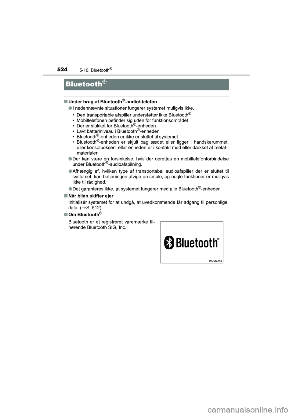 TOYOTA HILUX 2021  Brugsanvisning (in Danish) 5245-10. Bluetooth®
HILUX OM0K641DK
Bluetooth®
nUnder brug af Bluetooth®-audio/-telefon
l I nedennævnte situationer fungerer systemet muligvis ikke.
• Den transportable afspiller understøtter i