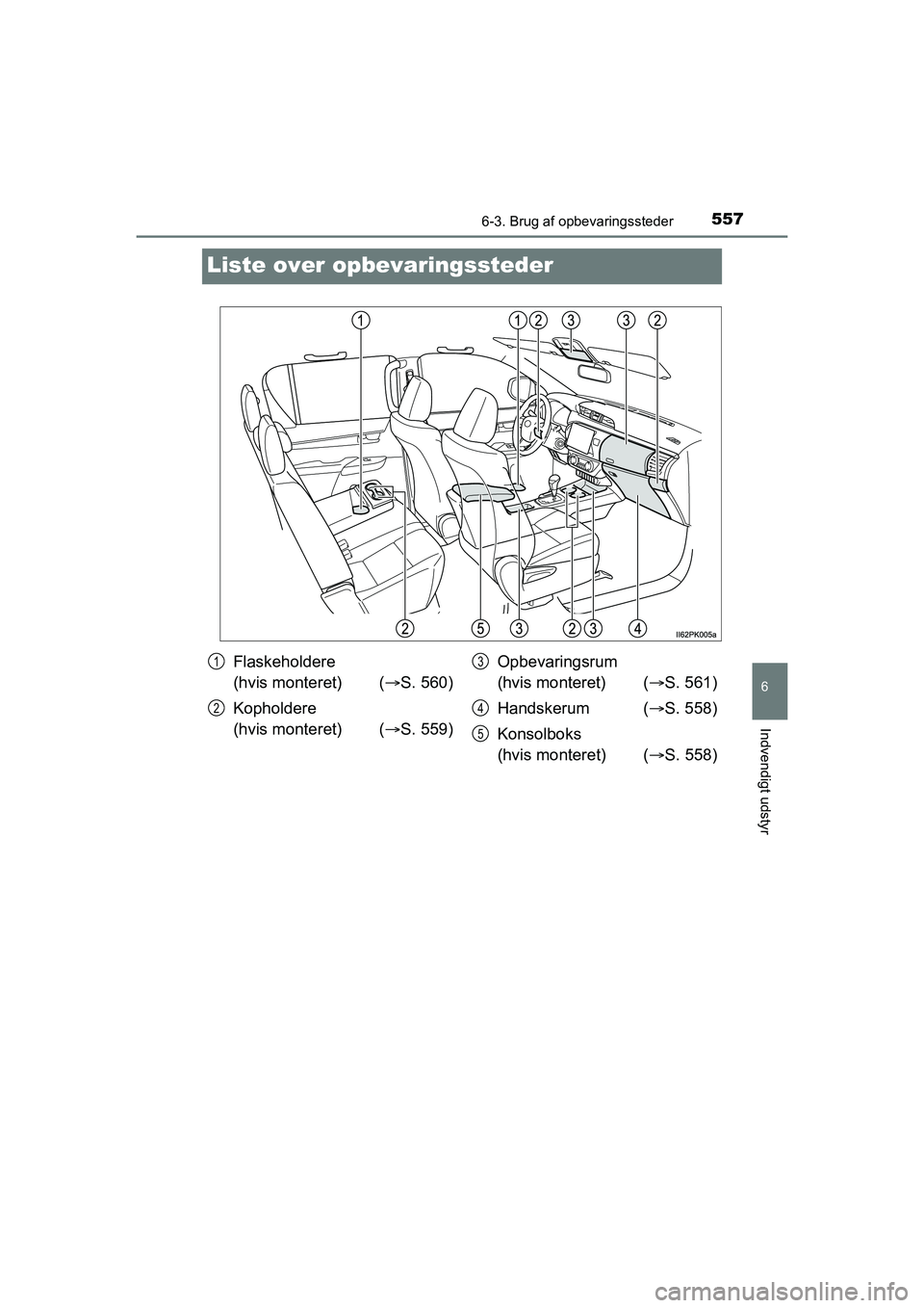 TOYOTA HILUX 2021  Brugsanvisning (in Danish) 5576-3. Brug af opbevaringssteder
HILUX OM0K641DK
6
Indvendigt udstyr
Liste over opbevaringssteder
Flaskeholdere 
(hvis monteret) ( S. 560)
Kopholdere 
(hvis monteret) ( S. 559) Opbevaringsrum 
