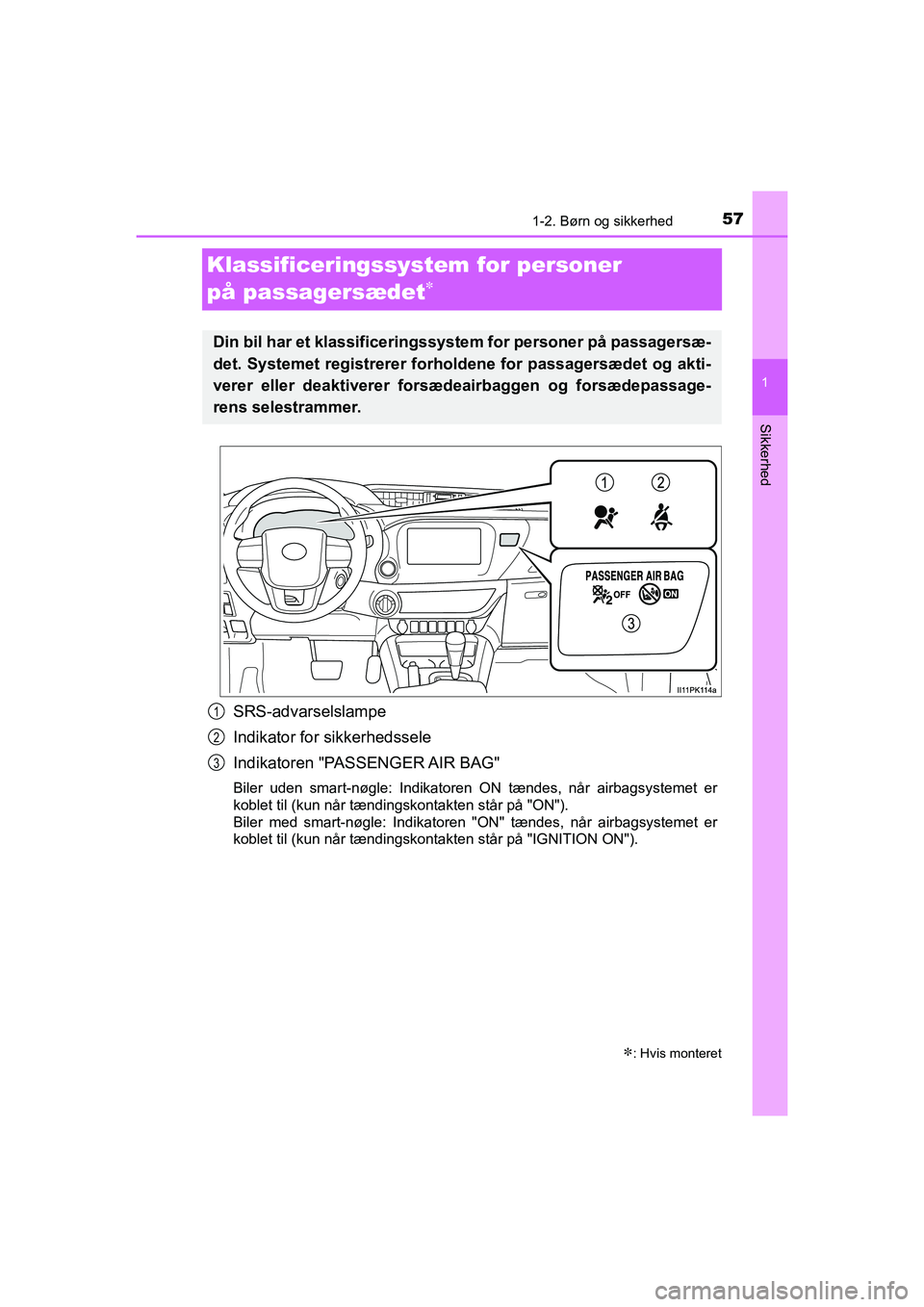 TOYOTA HILUX 2021 Brugsanvisning (in Danish) 571-2. Børn og sikkerhed
1
HILUX OM0K641DK
Sikkerhed
Klassificeringssystem for personer
på passagersædet
SRS-advarselslampe
Indikator for sikkerhedssele
Indikatoren "PASSENGER AIR BAG"
Biler u TOYOTA HILUX 2021 Brugsanvisning (in Danish) 571-2. Børn og sikkerhed
1
HILUX OM0K641DK
Sikkerhed
Klassificeringssystem for personer
på passagersædet
SRS-advarselslampe
Indikator for sikkerhedssele
Indikatoren "PASSENGER AIR BAG"
Biler u