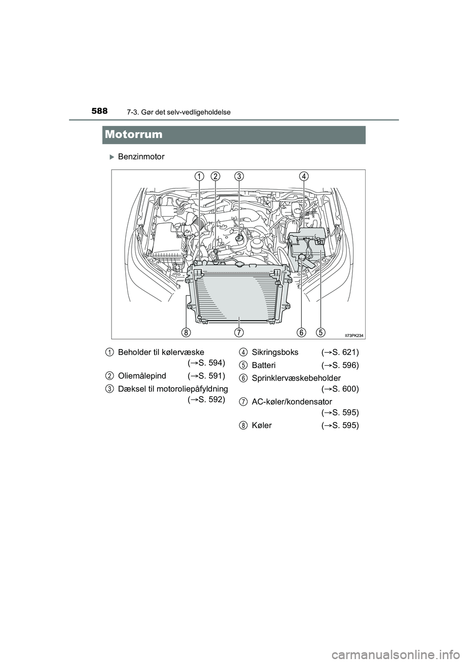 TOYOTA HILUX 2021 Brugsanvisning (in Danish) 5887-3. Gør det selv-vedligeholdelse
HILUX OM0K641DK
Motorrum
Benzinmotor
Beholder til kølervæske ( S. 594)
Oliemålepind ( S. 591)
Dæksel til motoroliepåfyldning ( S. 592) Sikringsb TOYOTA HILUX 2021 Brugsanvisning (in Danish) 5887-3. Gør det selv-vedligeholdelse
HILUX OM0K641DK
Motorrum
Benzinmotor
Beholder til kølervæske ( S. 594)
Oliemålepind ( S. 591)
Dæksel til motoroliepåfyldning ( S. 592) Sikringsb