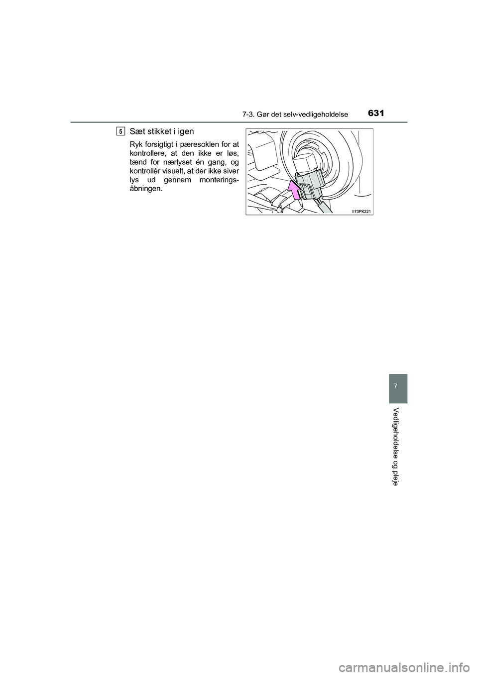 TOYOTA HILUX 2021  Brugsanvisning (in Danish) 6317-3. Gør det selv-vedligeholdelse
HILUX OM0K641DK
7
Vedligeholdelse og pleje
Sæt stikket i igen
Ryk forsigtigt i pæresoklen for at
kontrollere, at den ikke er løs,
tænd for nærlyset én gang,