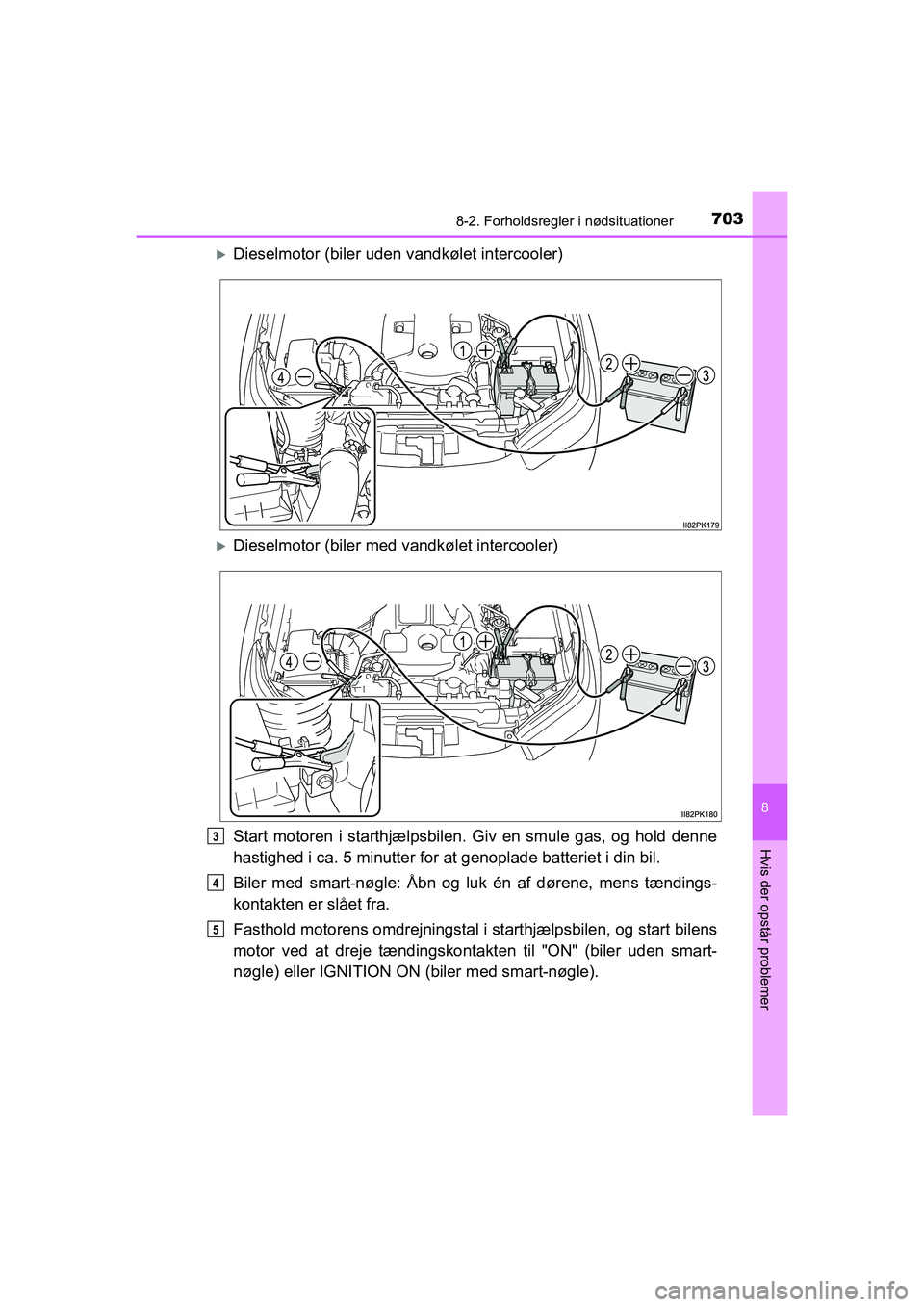 TOYOTA HILUX 2021  Brugsanvisning (in Danish) 7038-2. Forholdsregler i nødsituationer
HILUX OM0K641DK
8
Hvis der opstår problemer
Dieselmotor (biler uden vandkølet intercooler)
Dieselmotor (biler med vandkølet intercooler)
Start motoren