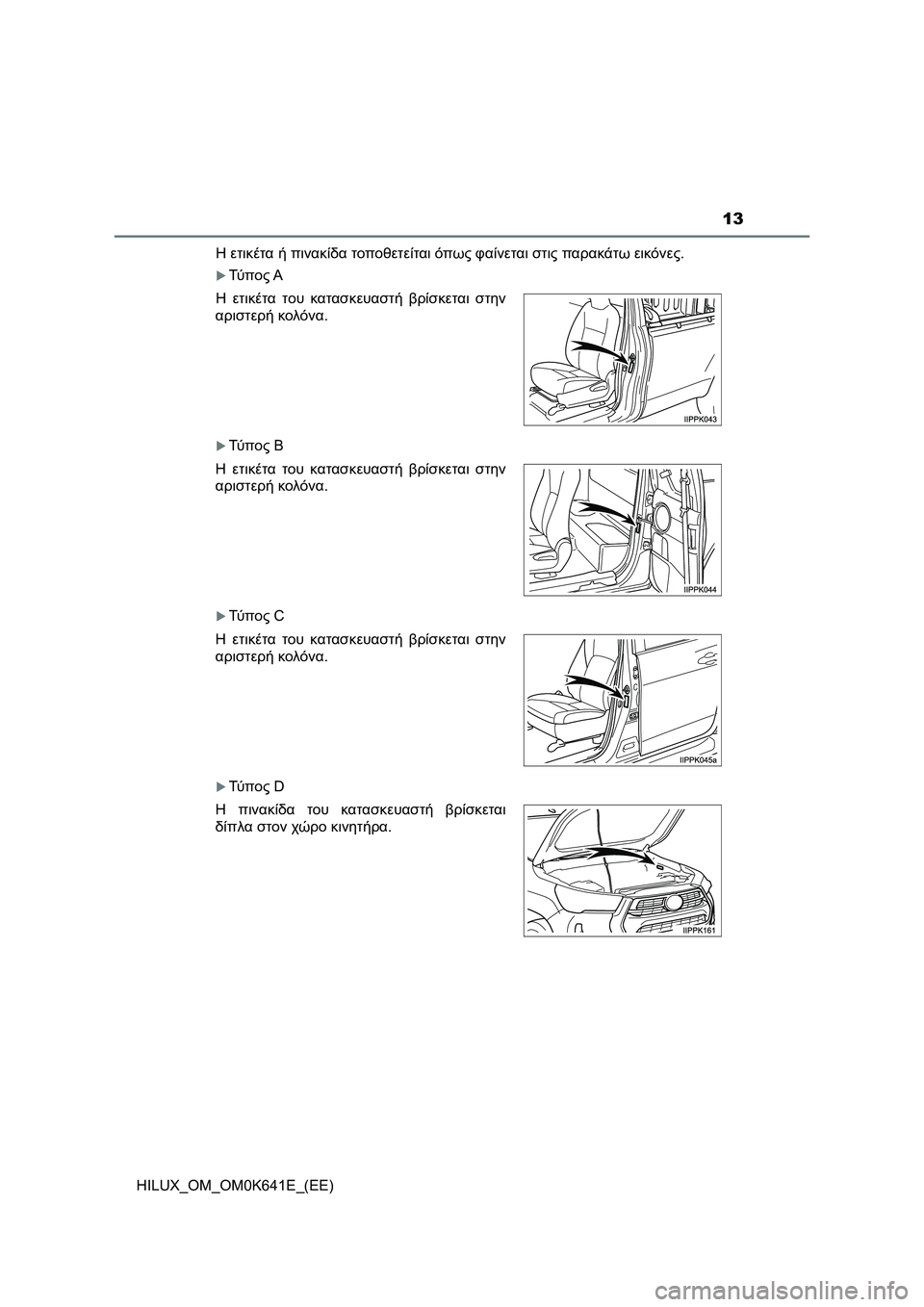 TOYOTA HILUX 2021  ΟΔΗΓΌΣ ΧΡΉΣΗΣ (in Greek) 13
HILUX_OM_OM0K641E_(EE)Η ετικέτα ή πινακίδα τοποθετείται όπως φαίνεται στις παρακάτω εικόνες.
Τύ π ο ς Α
Τύ π ο ς Β

