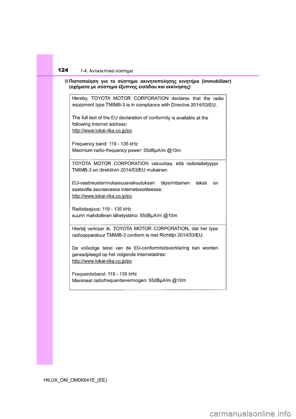 TOYOTA HILUX 2021  ΟΔΗΓΌΣ ΧΡΉΣΗΣ (in Greek) 1241-4. Αντικλεπτικό σύστημα
HILUX_OM_OM0K641E_(EE)�QΠιστοποίηση για το σύστημα ακινητοποίησης κινητήρα (immobilizer)
(οχήματα μ