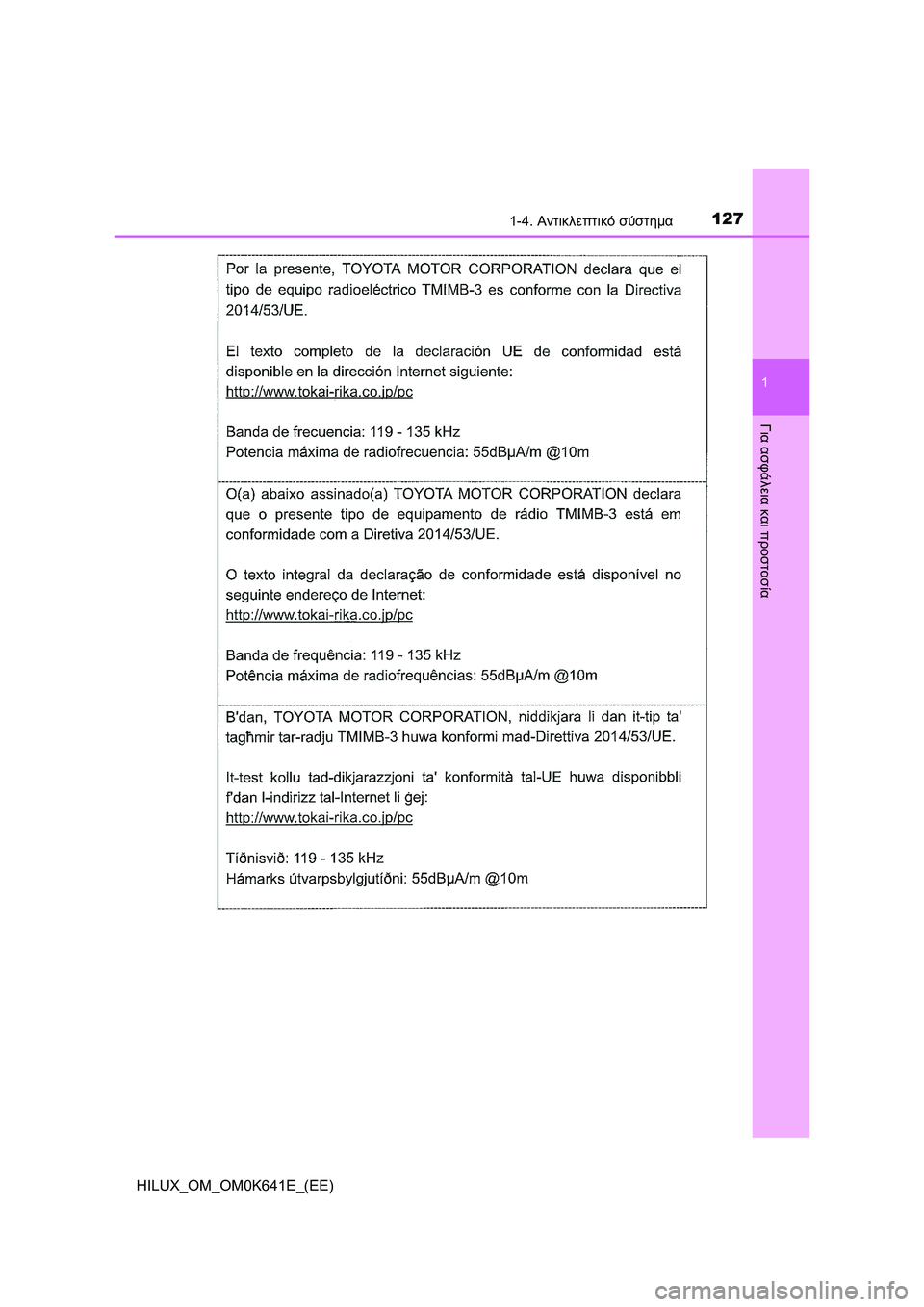 TOYOTA HILUX 2021  ΟΔΗΓΌΣ ΧΡΉΣΗΣ (in Greek) 1271-4. Αντικλεπτικό σύστημα
1
HILUX_OM_OM0K641E_(EE)
Για ασφάλεια και προστασία 