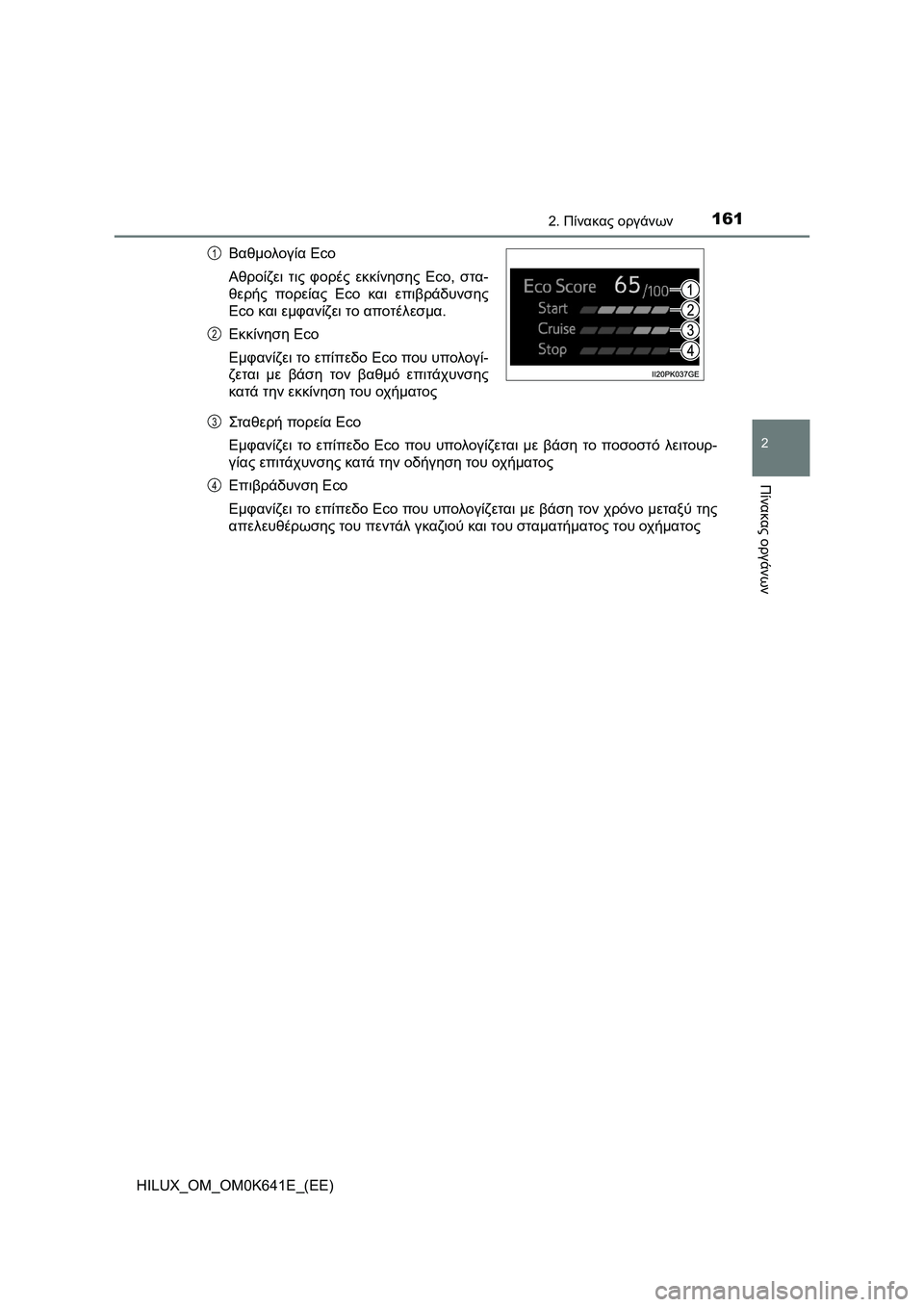 TOYOTA HILUX 2021  ΟΔΗΓΌΣ ΧΡΉΣΗΣ (in Greek) 1612. Πίνακας οργάνων
2
Πίνακας οργάνων
HILUX_OM_OM0K641E_(EE)Στα θερή πορεία Eco
Εμφανίζει το επίπεδο Eco που υπολογίζεται μ