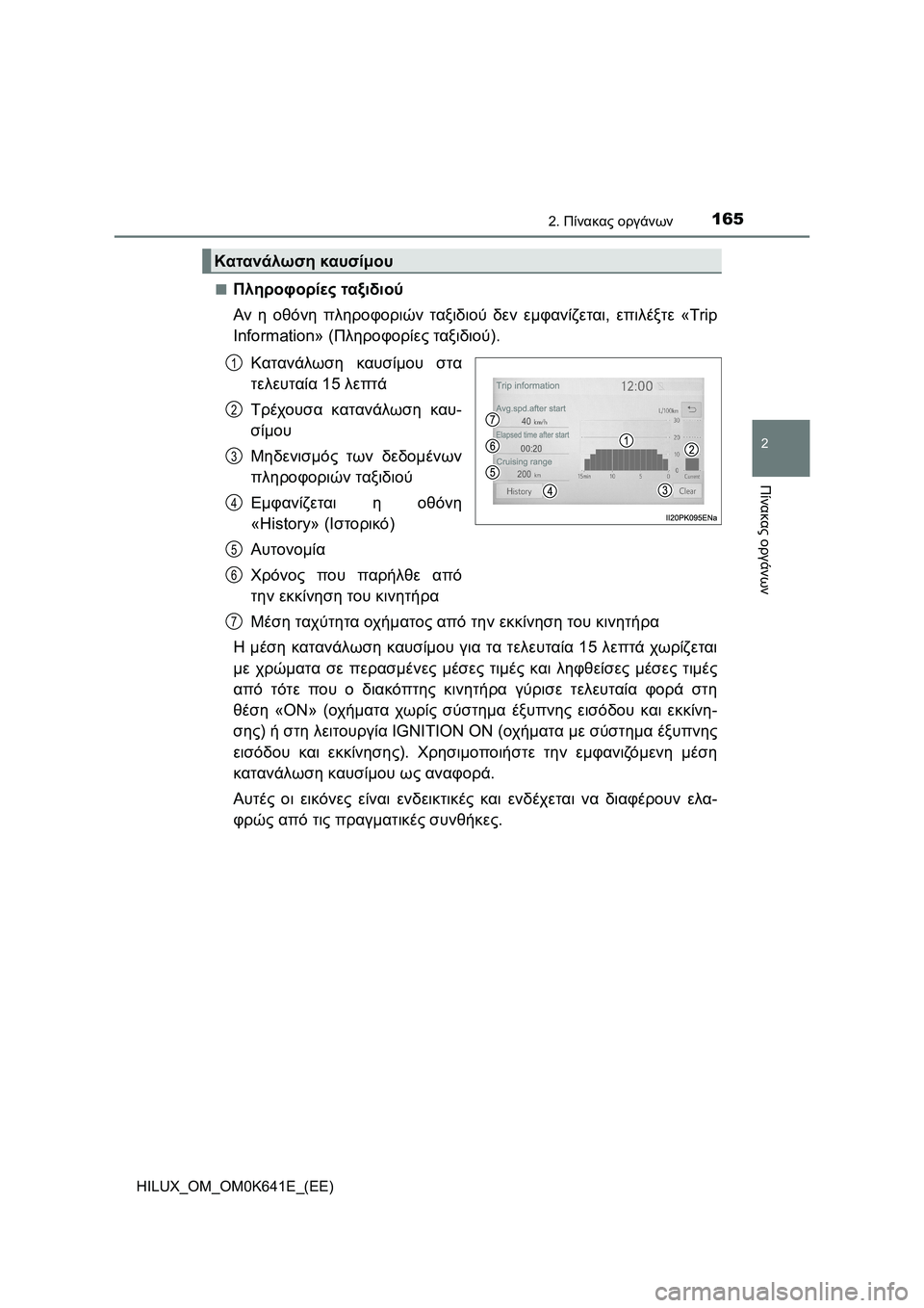 TOYOTA HILUX 2021  ΟΔΗΓΌΣ ΧΡΉΣΗΣ (in Greek) 1652. Πίνακας οργάνων
2
Πίνακας οργάνων
HILUX_OM_OM0K641E_(EE)�Q
Πληροφορίες ταξιδιού
Αν η οθόνη πληροφοριών ταξιδιού δεν 