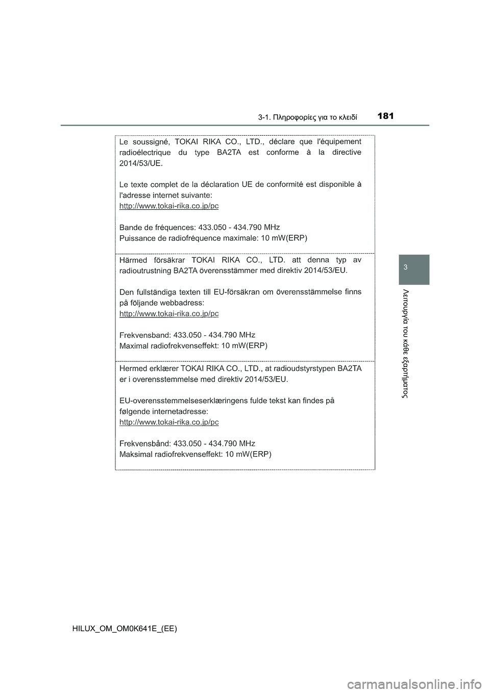 TOYOTA HILUX 2021 ΟΔΗΓΌΣ ΧΡΉΣΗΣ (in Greek) 1813-1. Πληροφορίες για το κλειδί
3
Λειτουργία του κάθε εξαρτήματος
HILUX_OM_OM0K641E_(EE) TOYOTA HILUX 2021 ΟΔΗΓΌΣ ΧΡΉΣΗΣ (in Greek) 1813-1. Πληροφορίες για το κλειδί
3
Λειτουργία του κάθε εξαρτήματος
HILUX_OM_OM0K641E_(EE)