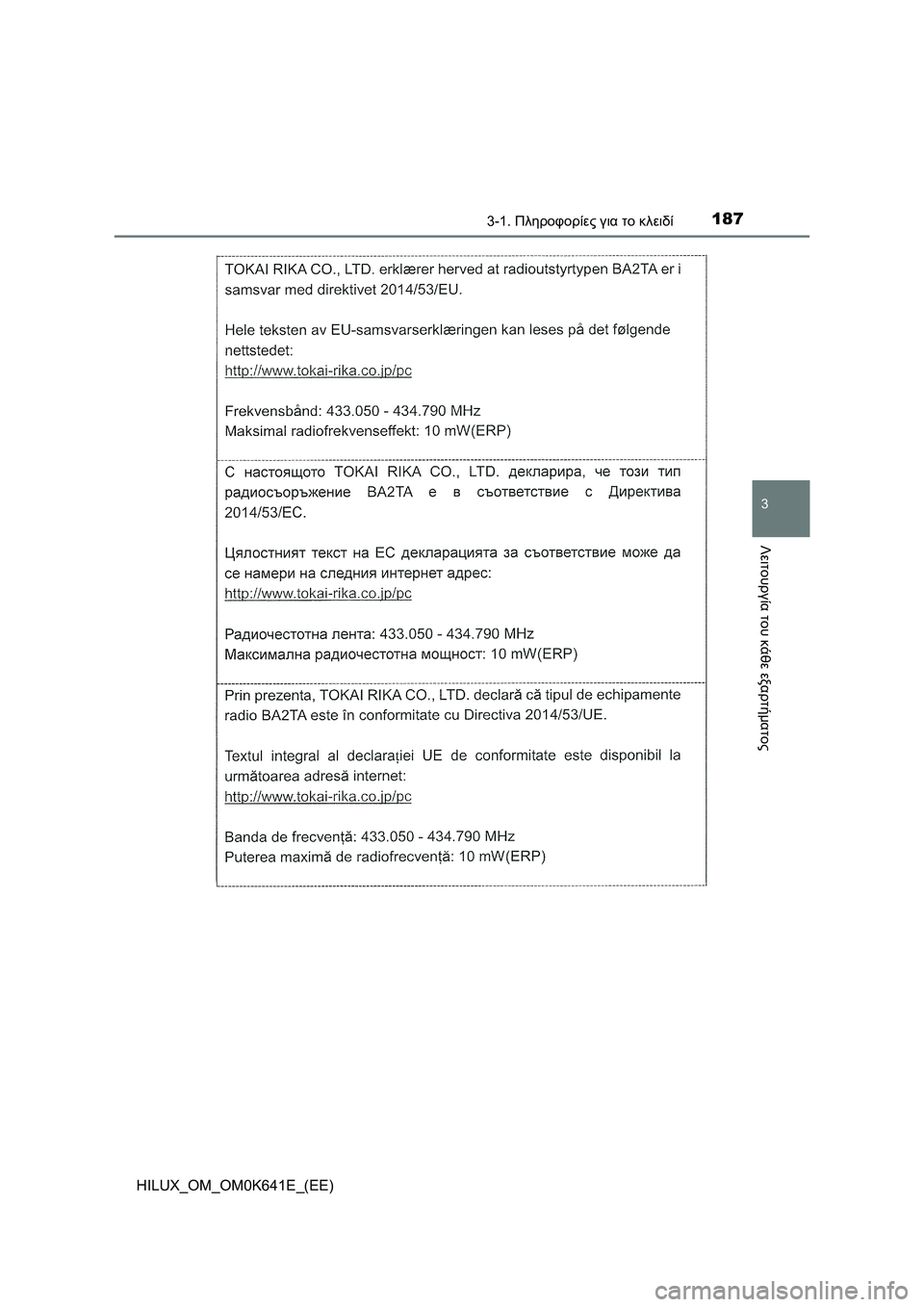 TOYOTA HILUX 2021 ΟΔΗΓΌΣ ΧΡΉΣΗΣ (in Greek) 1873-1. Πληροφορίες για το κλειδί
3
Λειτουργία του κάθε εξαρτήματος
HILUX_OM_OM0K641E_(EE) TOYOTA HILUX 2021 ΟΔΗΓΌΣ ΧΡΉΣΗΣ (in Greek) 1873-1. Πληροφορίες για το κλειδί
3
Λειτουργία του κάθε εξαρτήματος
HILUX_OM_OM0K641E_(EE)