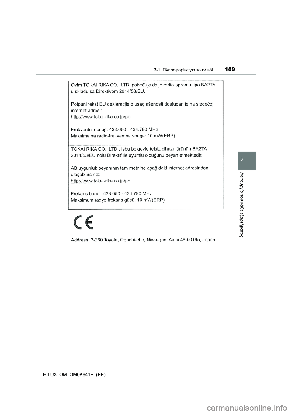 TOYOTA HILUX 2021 ΟΔΗΓΌΣ ΧΡΉΣΗΣ (in Greek) 1893-1. Πληροφορίες για το κλειδί
3
Λειτουργία του κάθε εξαρτήματος
HILUX_OM_OM0K641E_(EE) TOYOTA HILUX 2021 ΟΔΗΓΌΣ ΧΡΉΣΗΣ (in Greek) 1893-1. Πληροφορίες για το κλειδί
3
Λειτουργία του κάθε εξαρτήματος
HILUX_OM_OM0K641E_(EE)